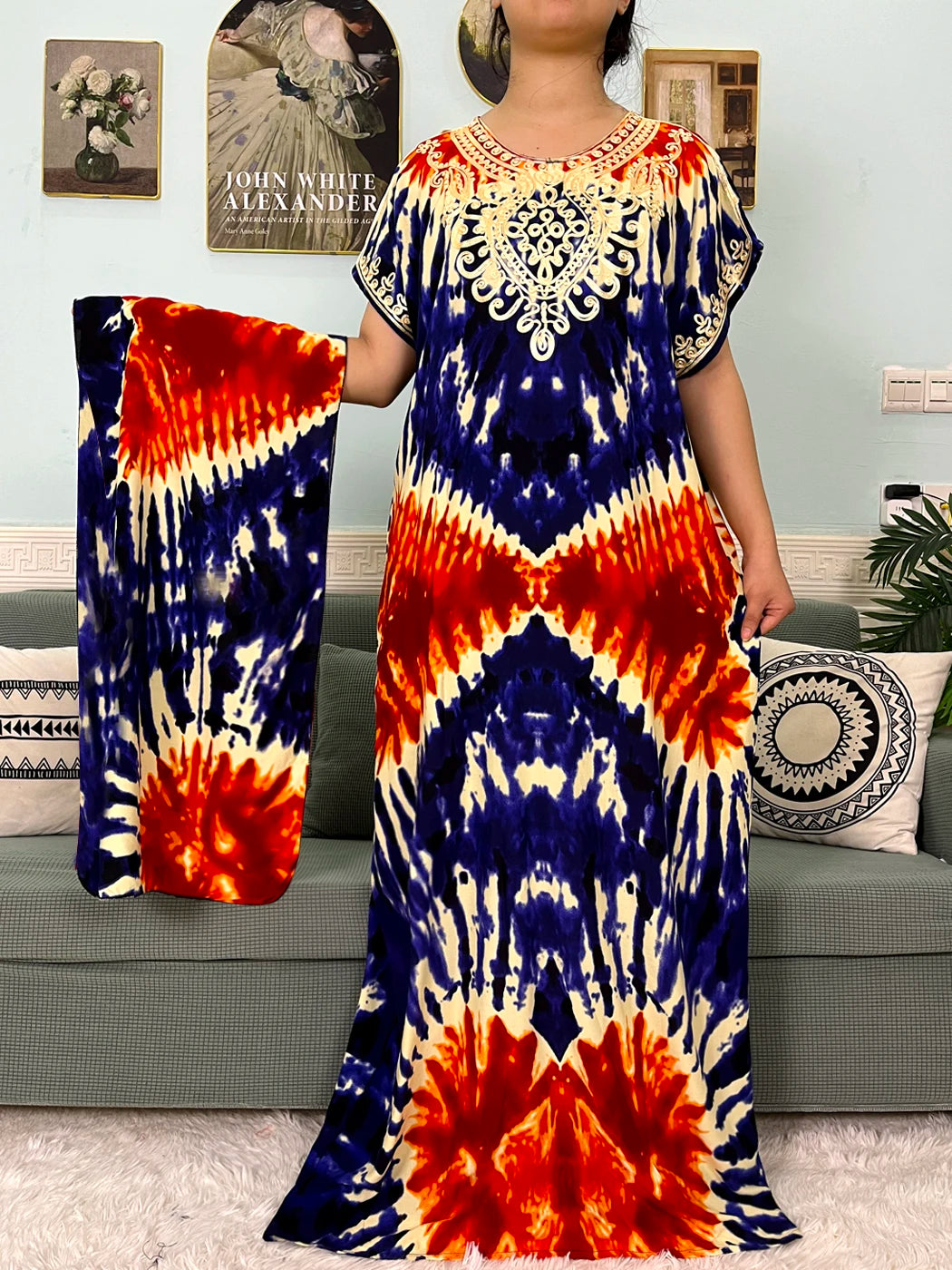 2024 Muslim Cotton Abayas For Women Appliques Printed Caftan Marocaine Femme Robe Boubou African Islam Dresses With Headscarf