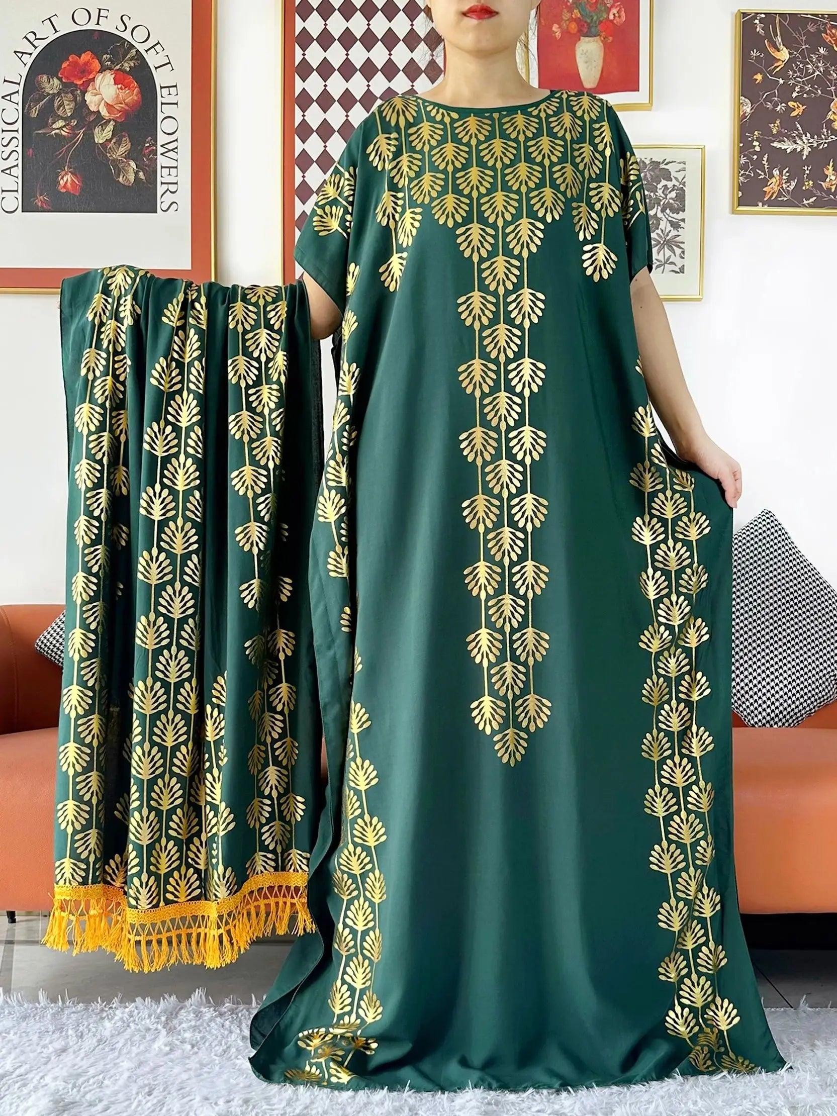 2024 Party Abaya Dress With Big Scarf Dubai Turkey Kaftan Muslim Loose  Abaya Women African Casual Maxi  Gold Stamping  Robe