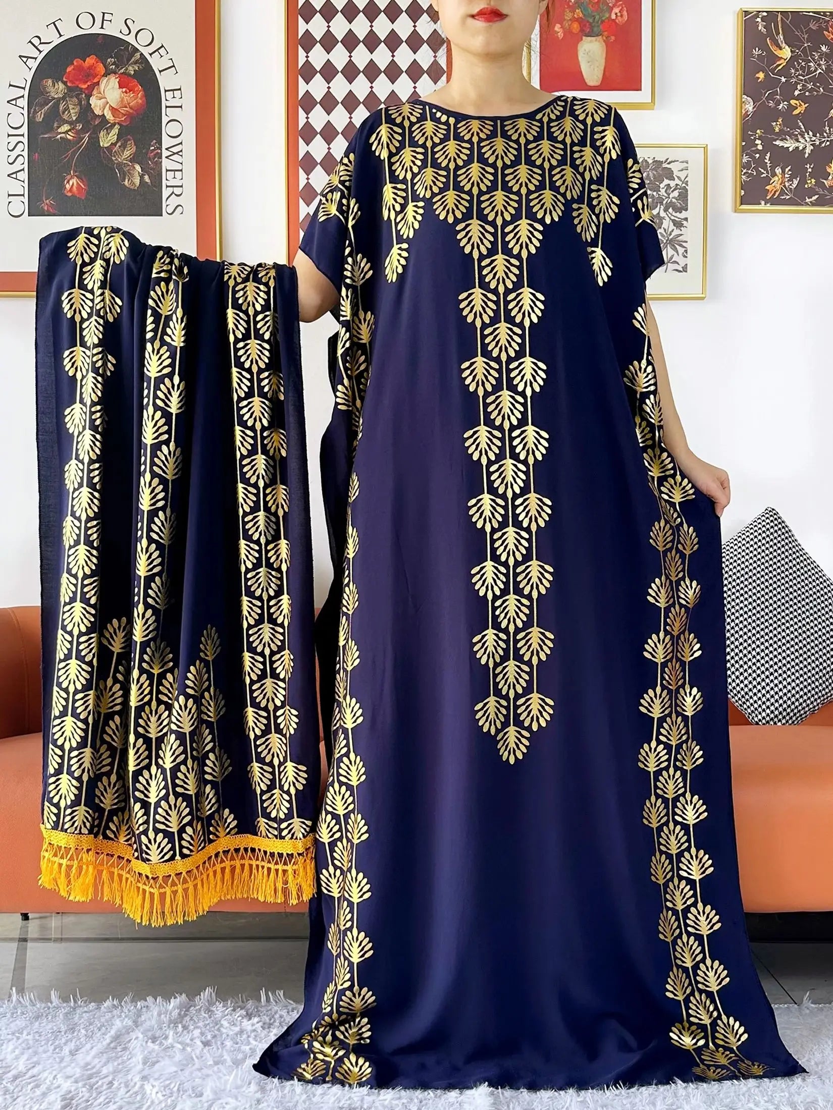 2024 Party Abaya Dress With Big Scarf Dubai Turkey Kaftan Muslim Loose  Abaya Women African Casual Maxi  Gold Stamping  Robe