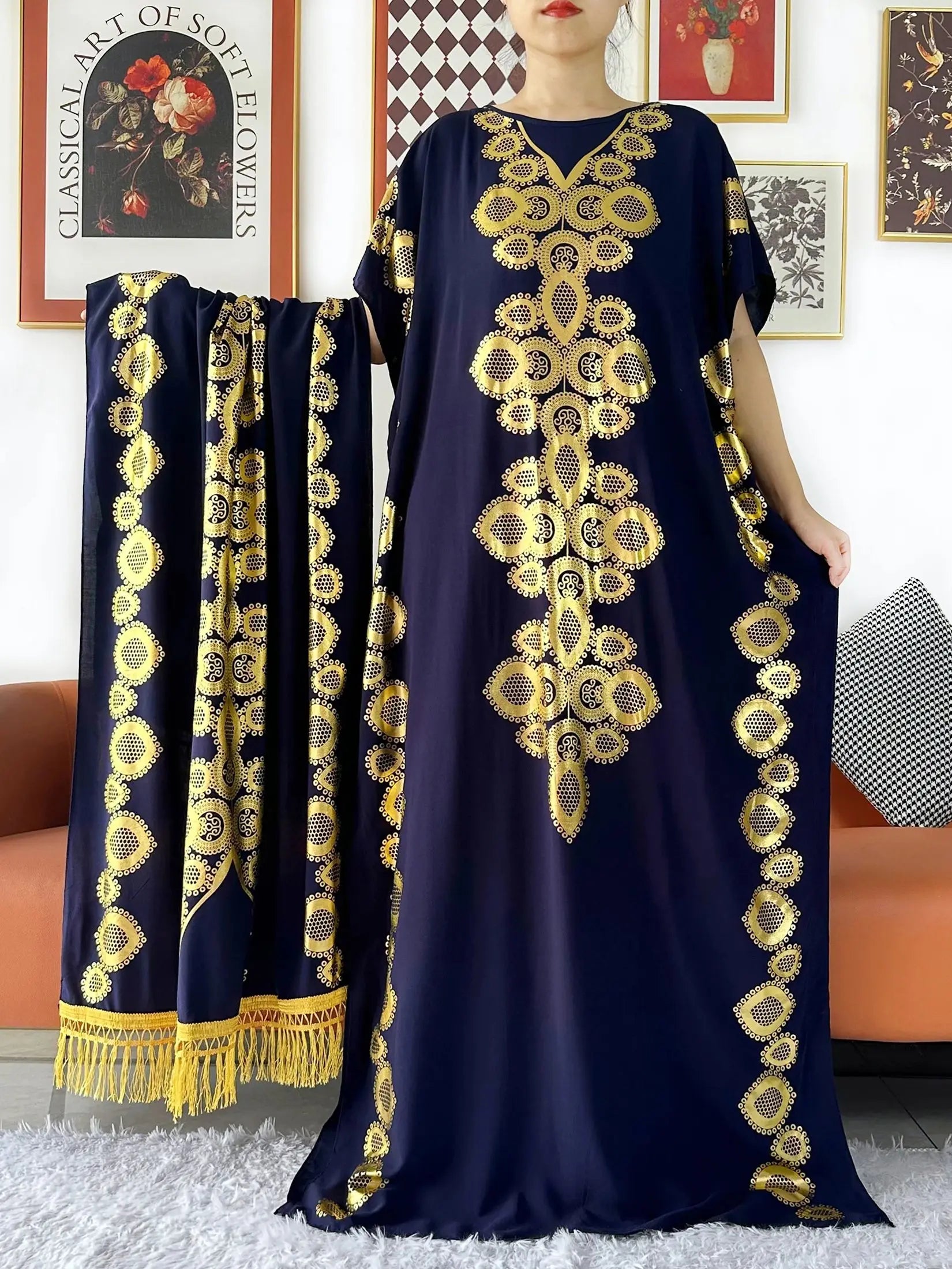 2024 Party Abaya Dress With Big Scarf Dubai Turkey Kaftan Muslim Loose  Abaya Women African Casual Maxi  Gold Stamping  Robe