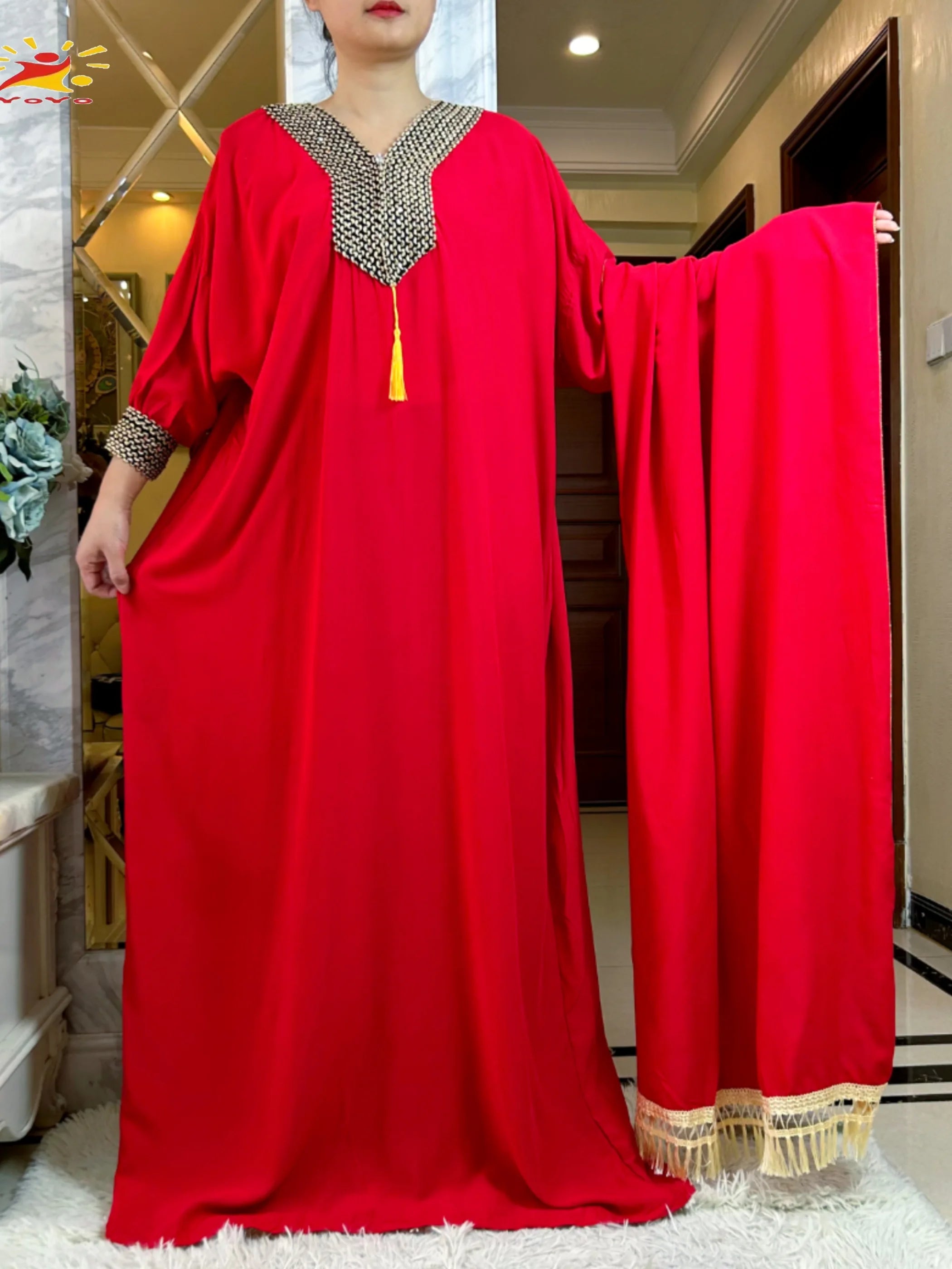 2025New Muslim Women Long Sleeve Autumn  Dress Cotton With Big Scarf Boubou Maxi Islam Women Dress African Abaya