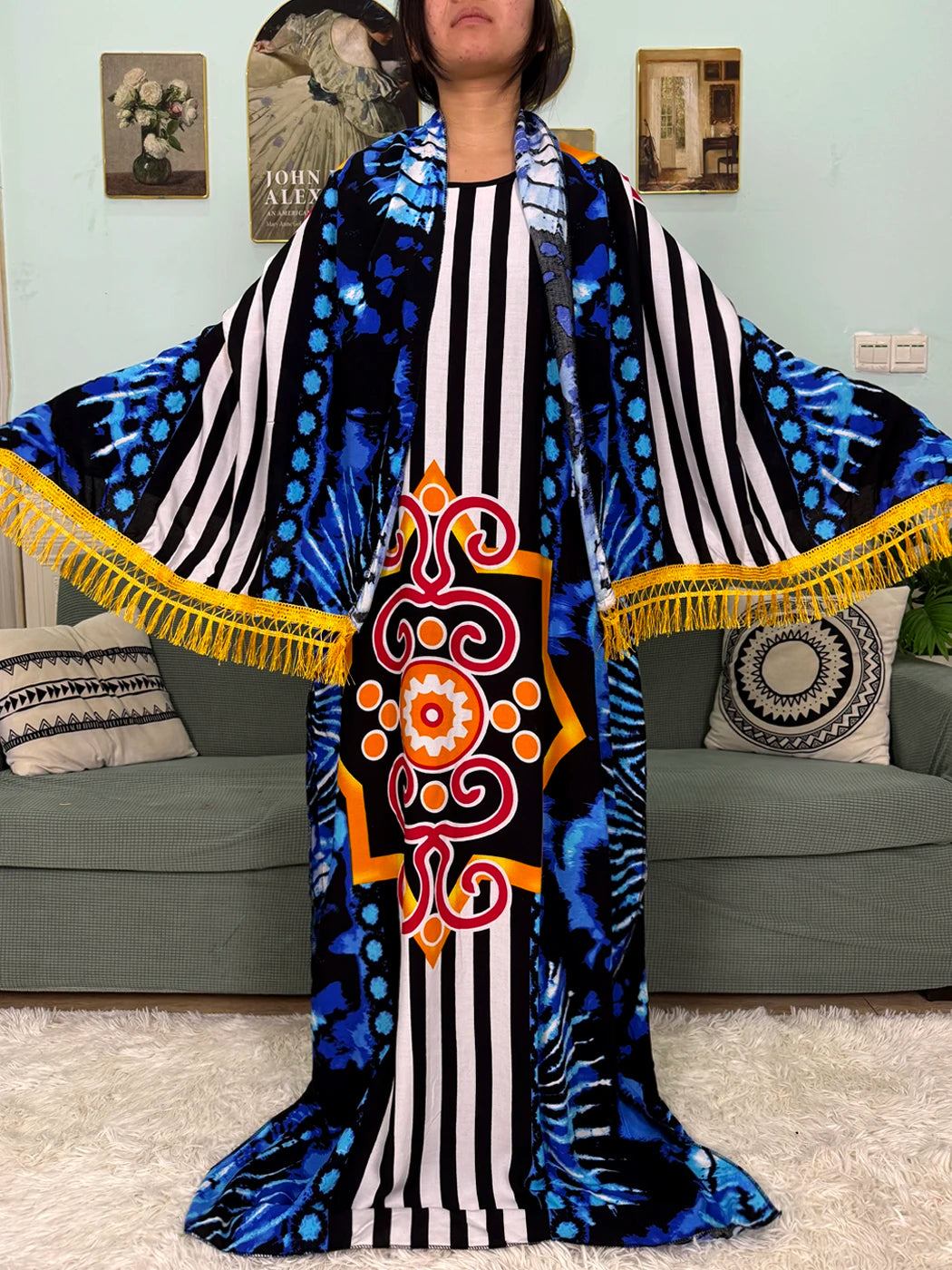 Abayas For Women 2025 Printed Cotton Soft Loose Fit Femme Robe African Islam Nigeria Dresses With 160x80 Tassels Shawl Sacrf