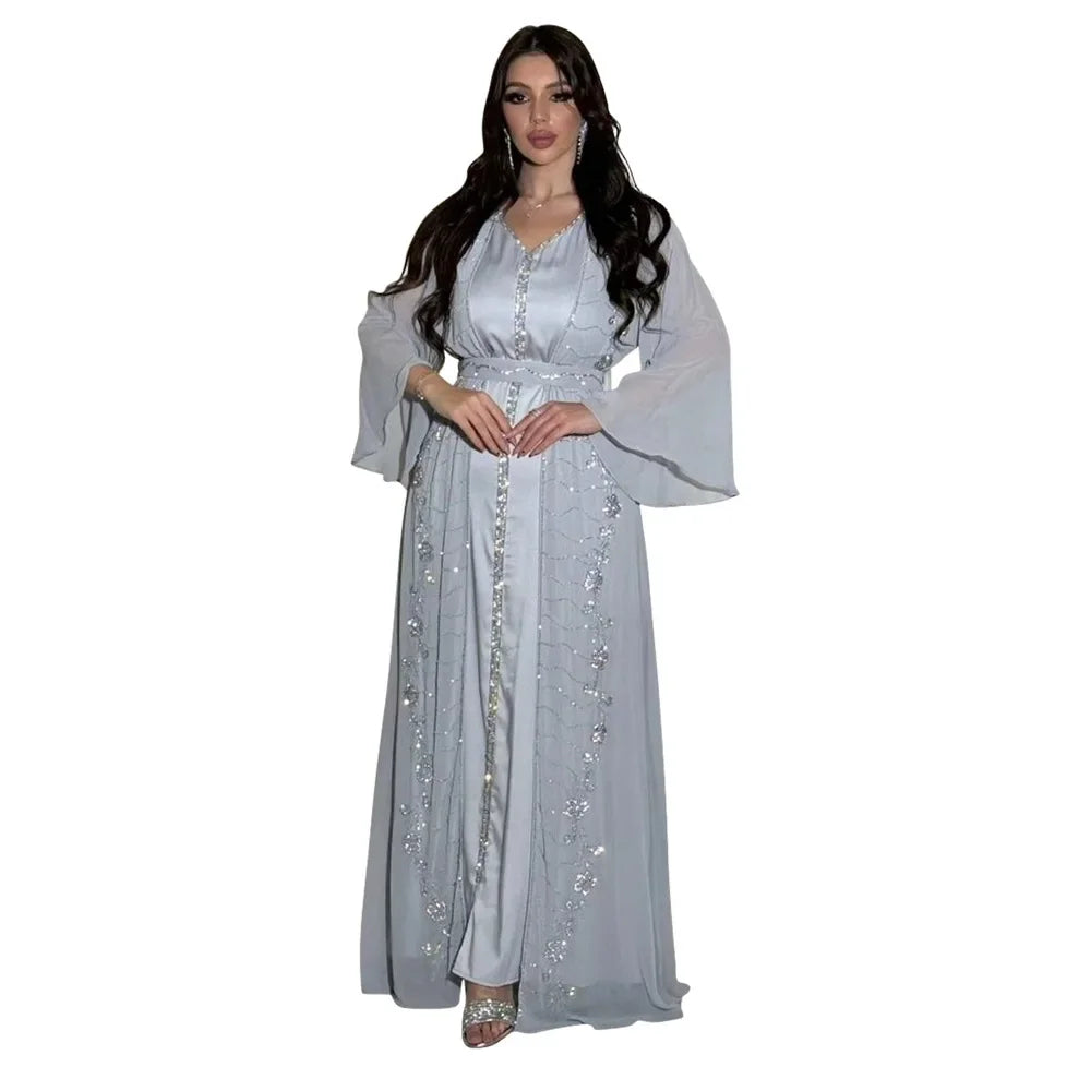 Autumn Fashion Muslim Dresses for Women Muslim Long Sleeve V-neck Party Evening Long Abay Dress Suit Inner and Abaya Outfits
