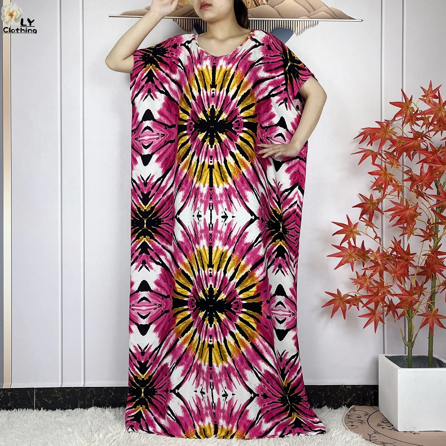 Summer Dubai Fashion Lady Clothing Soft Cotton Tie-dyed Loose Maxi Islam Women Short Sleeve African Abaya Dress With Big Scarf