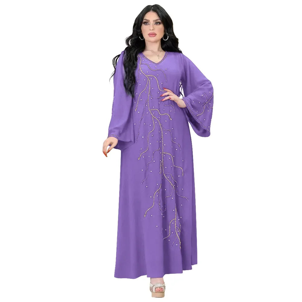 Clothes for Muslim Women Autumn Fashion Muslim Long Sleeve V-neck Kaftan Long Maxi Dress Outfits Muslim Dress Women Dubai Abaya