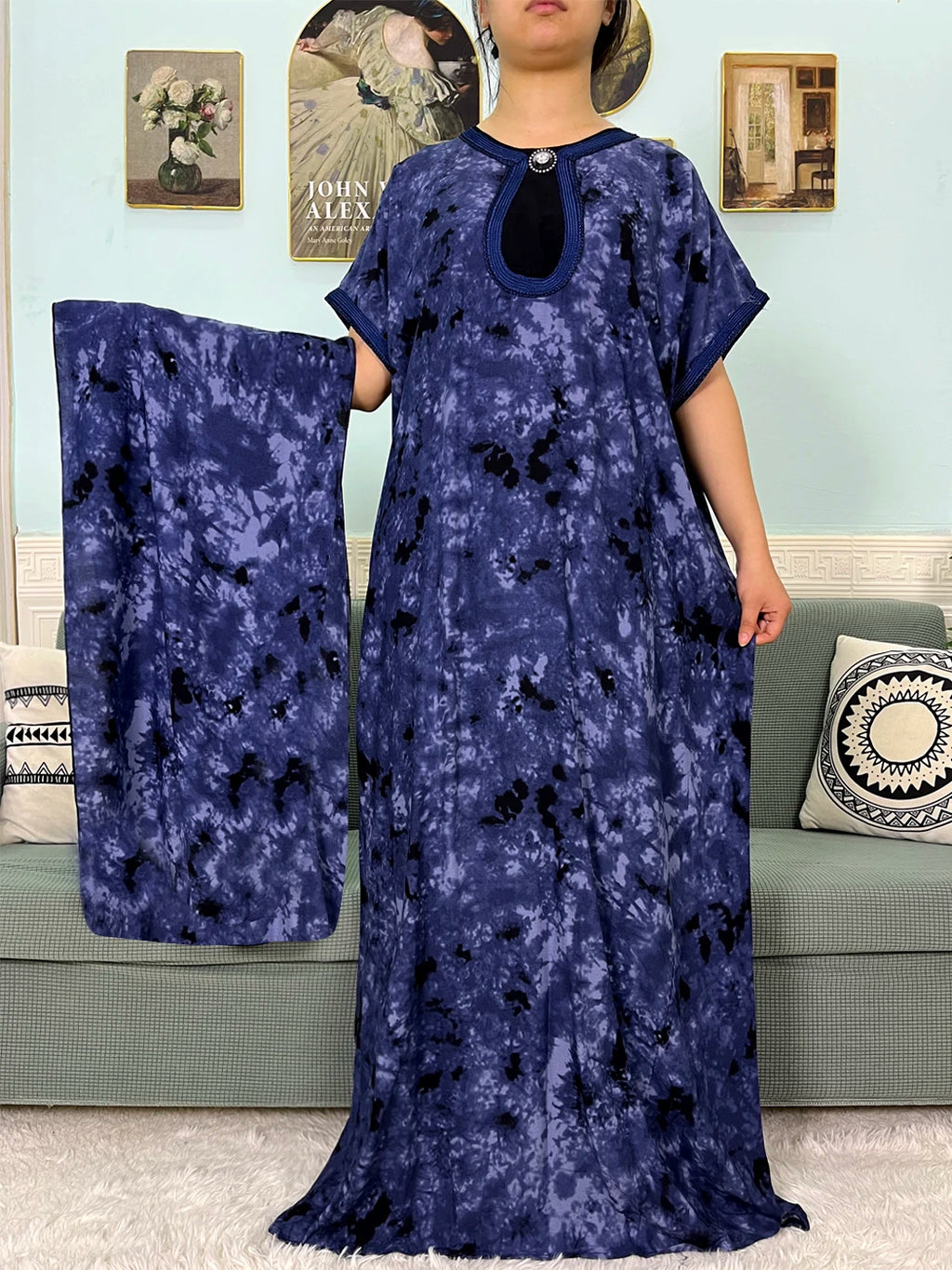 2024 Muslim Cotton Abayas For Women Appliques Printed Caftan Marocaine Femme Robe Boubou African Islam Dresses With Headscarf