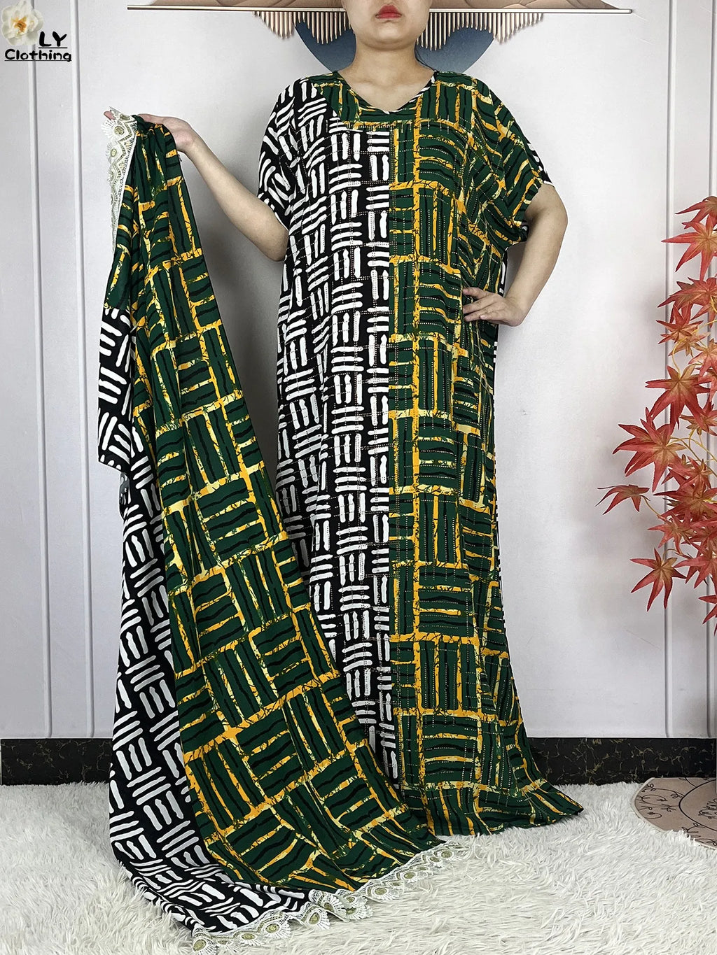 Summer Dubai Fashion Lady Clothing Soft Cotton Tie-dyed Loose Maxi Islam Women Short Sleeve African Abaya Dress With Big Scarf