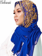 Muslim Chiffon Hijabs Scarf Turban Gold Glitters Beads Hijab for Woman Ramadan Foulard Musulmane Pour Femme Long Headscarf