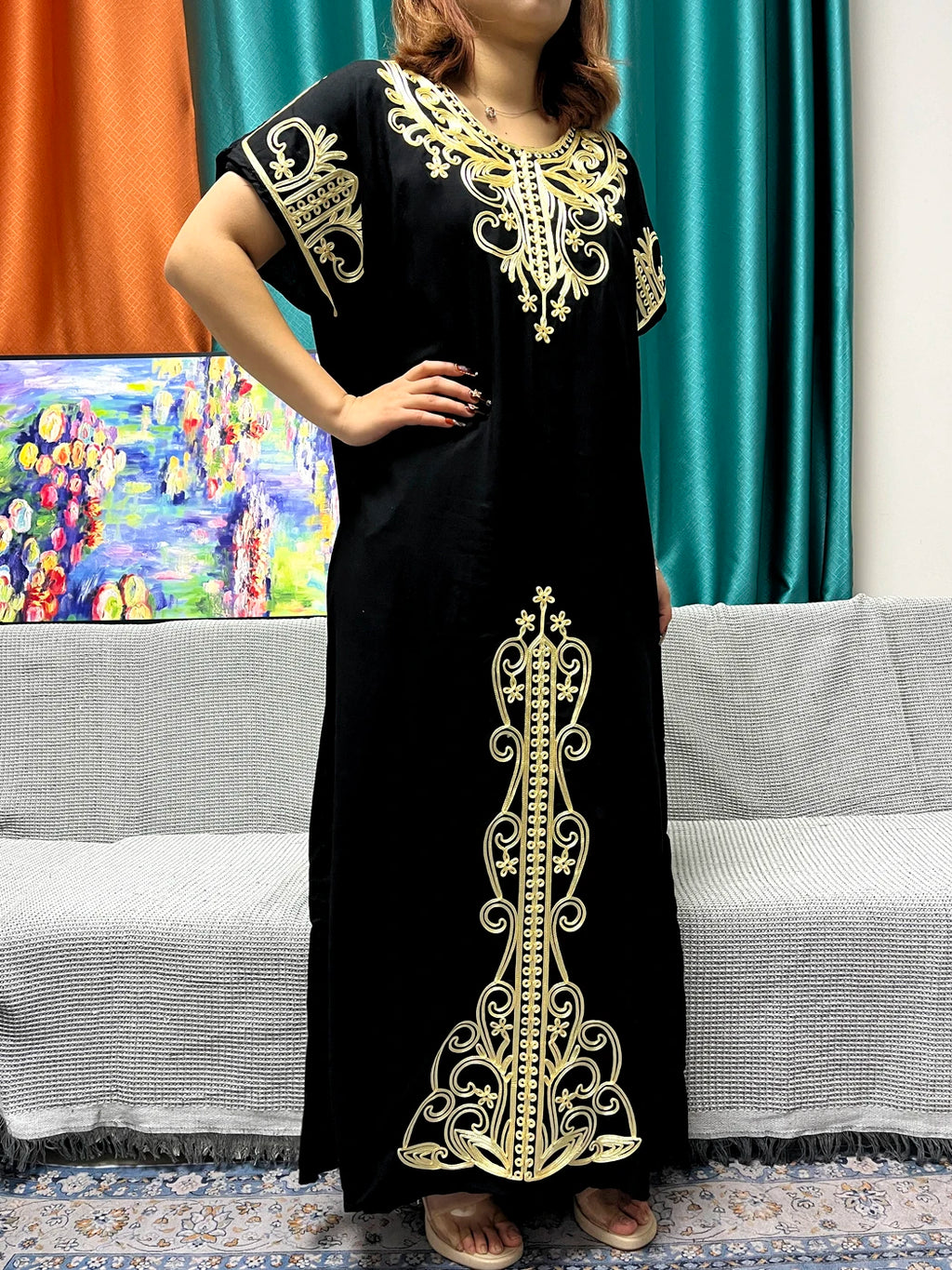 Abayas For Women Black Appliques Cotton Loose Fit Femme Robe Muslim Kaftan African Islam Nigeria Traditional Dresses With Turban
