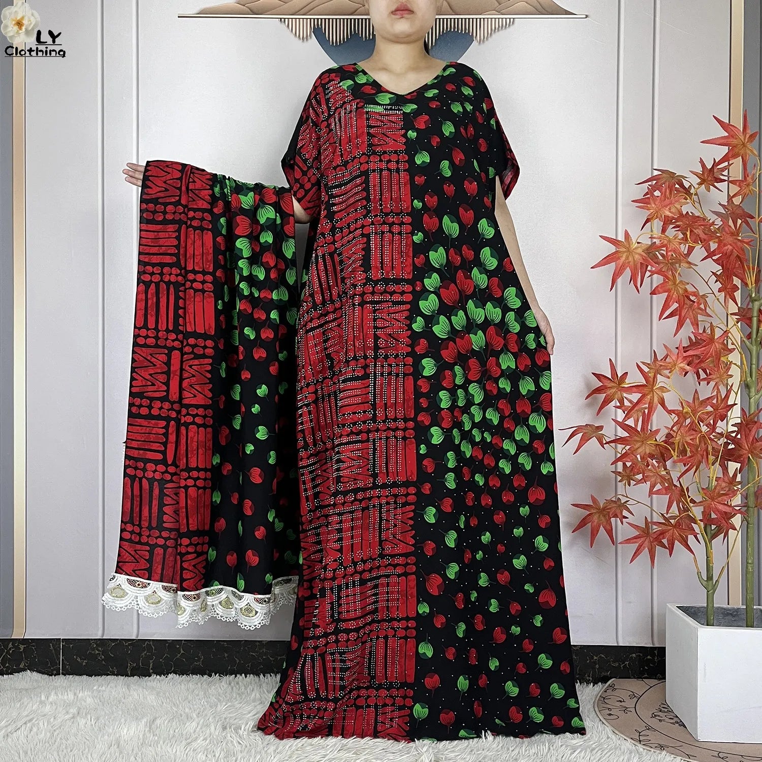 Summer Dubai Fashion Lady Clothing Soft Cotton Tie-dyed Loose Maxi Islam Women Short Sleeve African Abaya Dress With Big Scarf