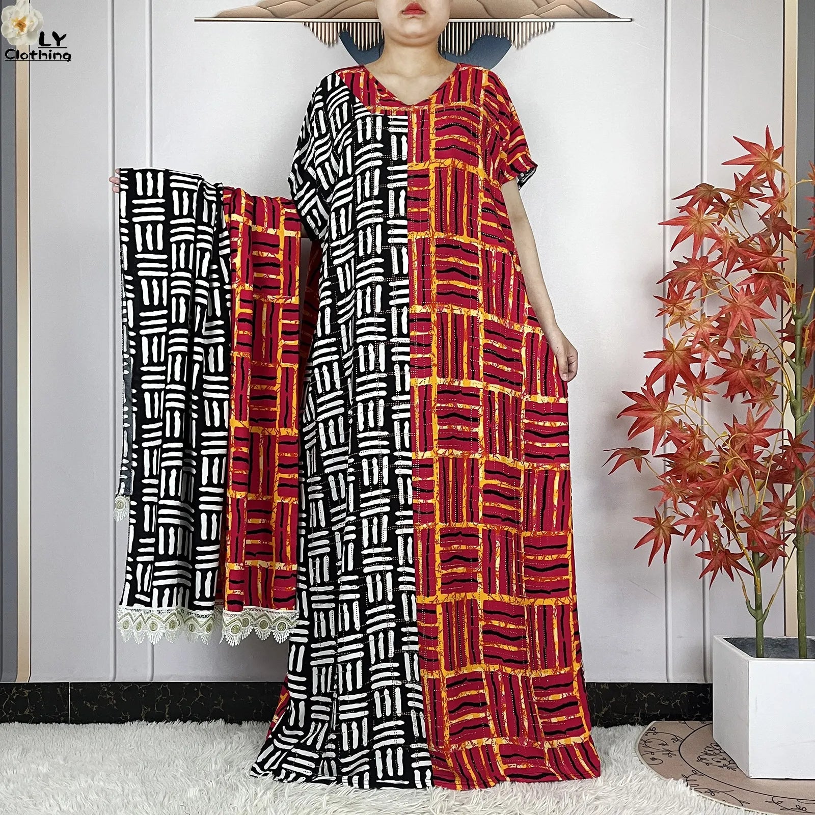 Summer Dubai Fashion Lady Clothing Soft Cotton Tie-dyed Loose Maxi Islam Women Short Sleeve African Abaya Dress With Big Scarf