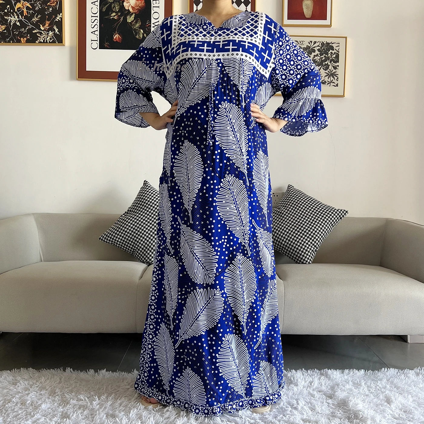 New Style African Dashiki Print Long Sleeve Loose Cotton Elegant Women  Abaya Long Dress Summer Maxi Casual Dresses Vestidos