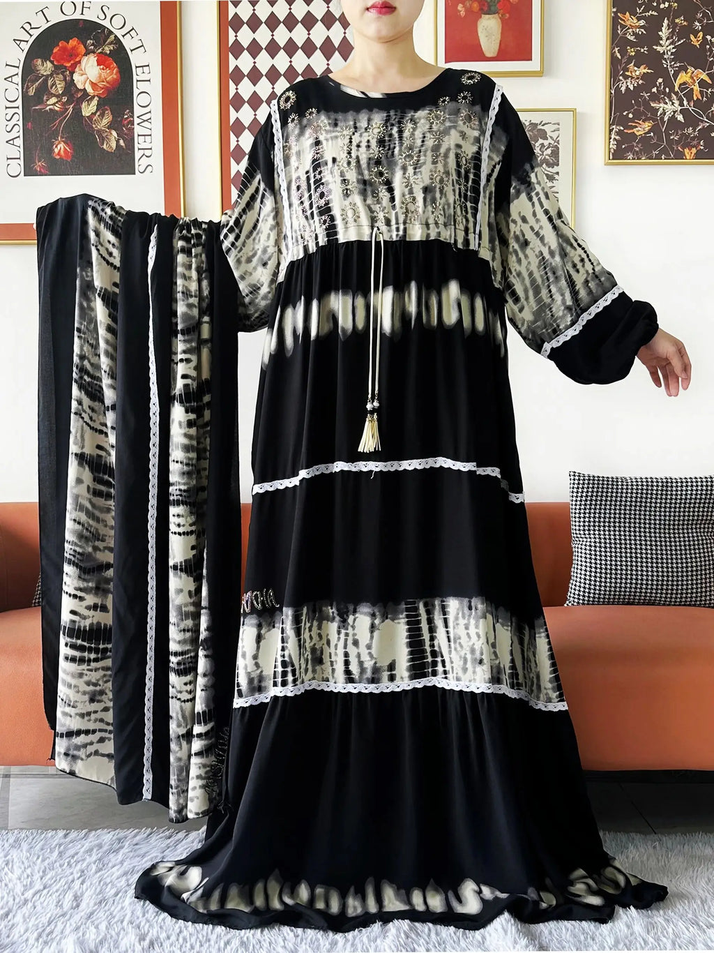 High Grade Design Dubai Women Abaya Long Sleeve Autumn  Dress Cotton With Big Scarf Boubou Maxi Islam Women Dress African Abaya