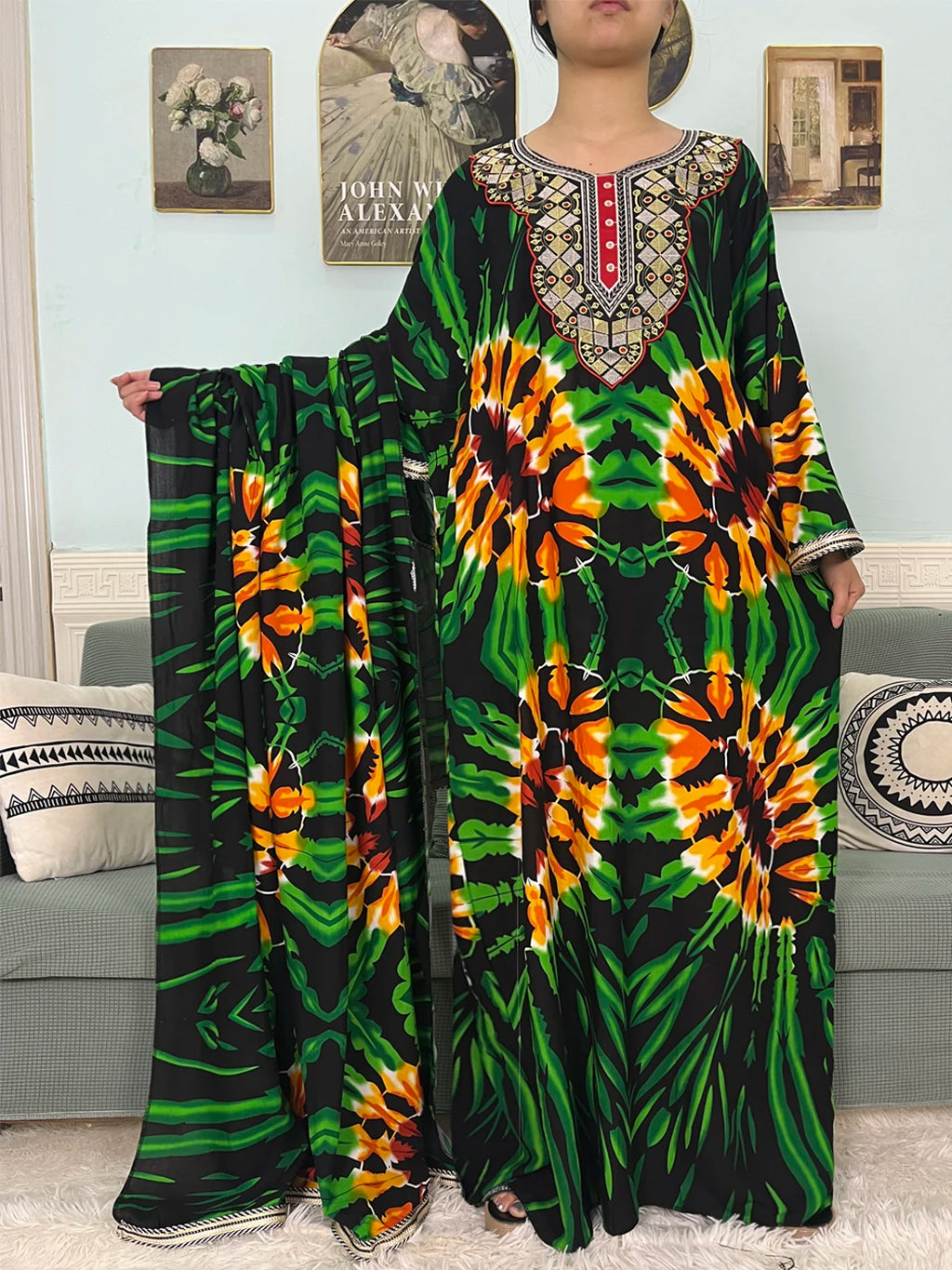 Mslim Abayas For Women Cotton Embroidery Printed Long Sleeves Loose Femme Robe African Boubou Dresses With 150x165cm Shawl Scarf