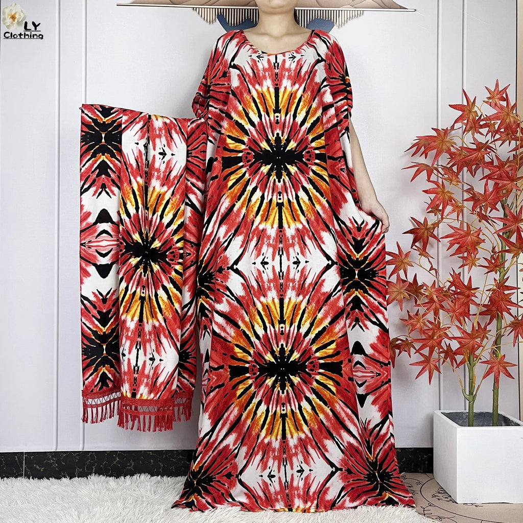 Summer Dubai Fashion Lady Clothing Soft Cotton Tie-dyed Loose Maxi Islam Women Short Sleeve African Abaya Dress With Big Scarf