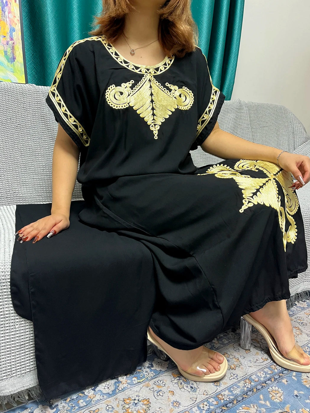 Abayas For Women Black Appliques Cotton Loose Fit Femme Robe Muslim Kaftan African Islam Nigeria Traditional Dresses With Turban