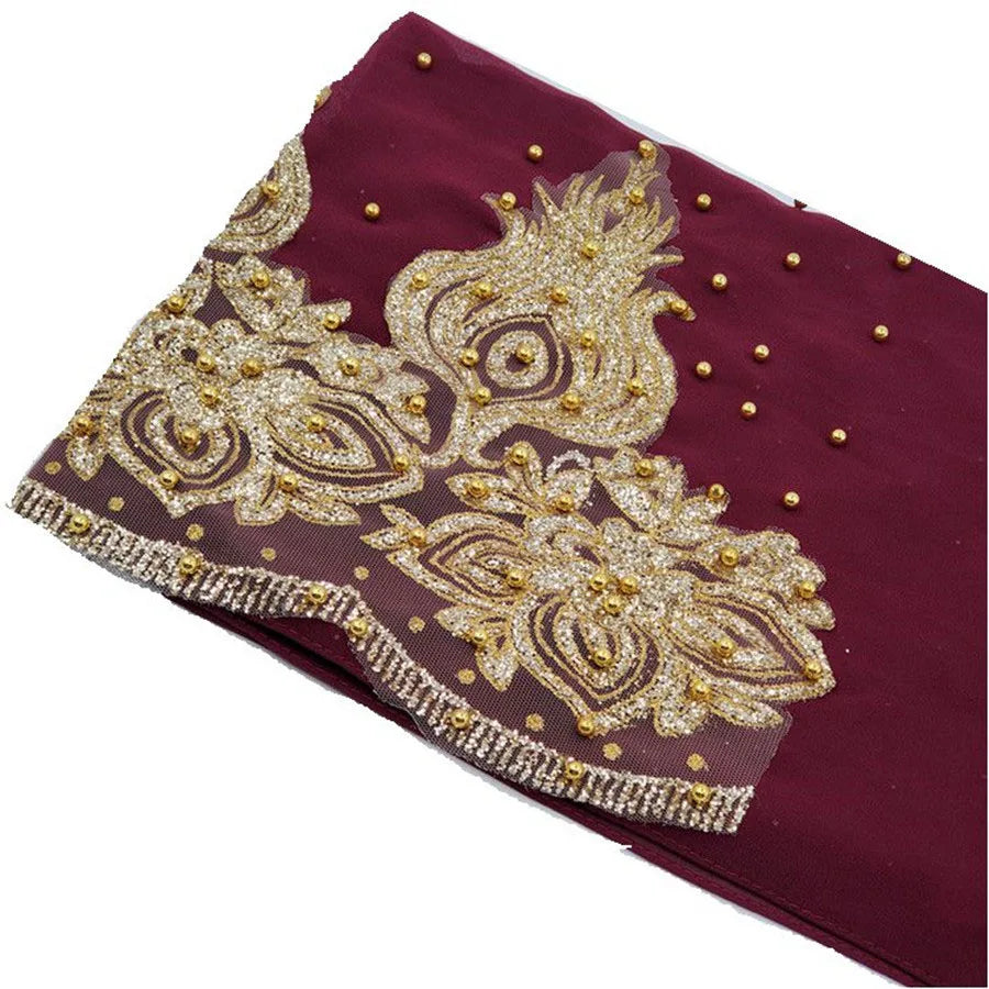 Muslim Chiffon Hijabs Scarf Turban Gold Glitters Beads Hijab for Woman Ramadan Foulard Musulmane Pour Femme Long Headscarf