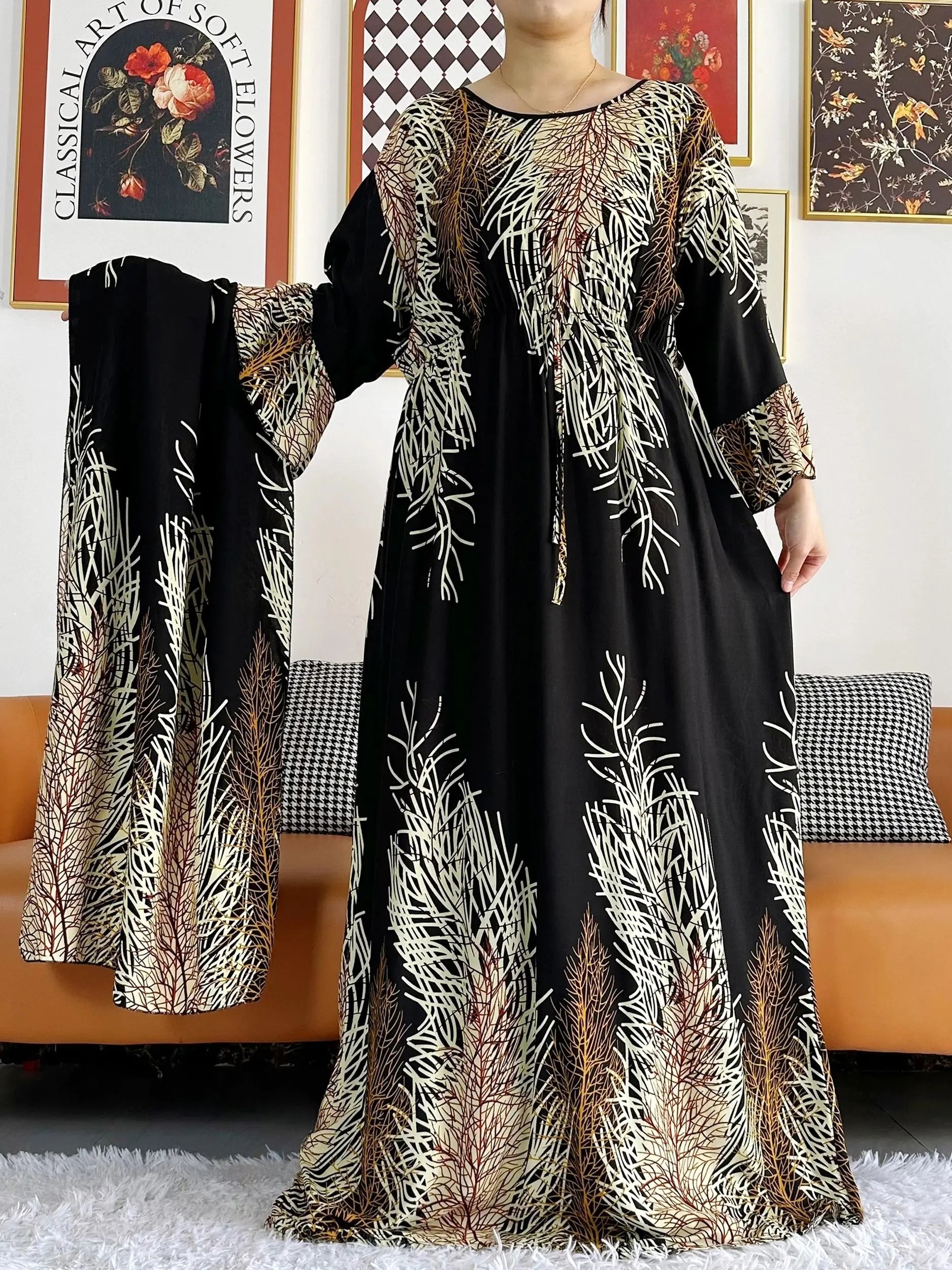 New Style African Dashiki Print Long Sleeve Loose Cotton Elegant Women  Abaya Long Dress Summer Maxi Casual Dresses Vestidos