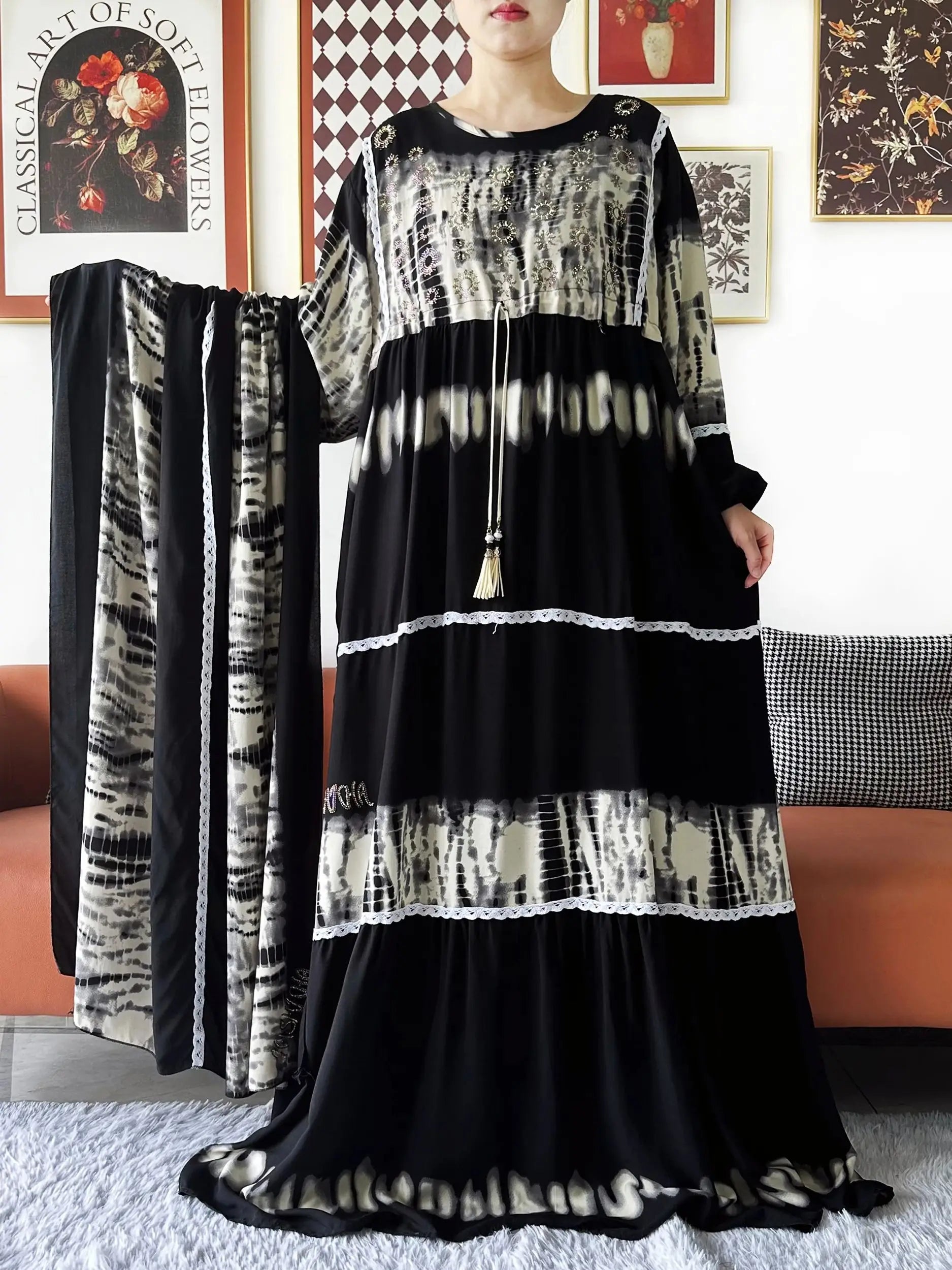 High Grade Design Dubai Women Abaya Long Sleeve Autumn  Dress Cotton With Big Scarf Boubou Maxi Islam Women Dress African Abaya