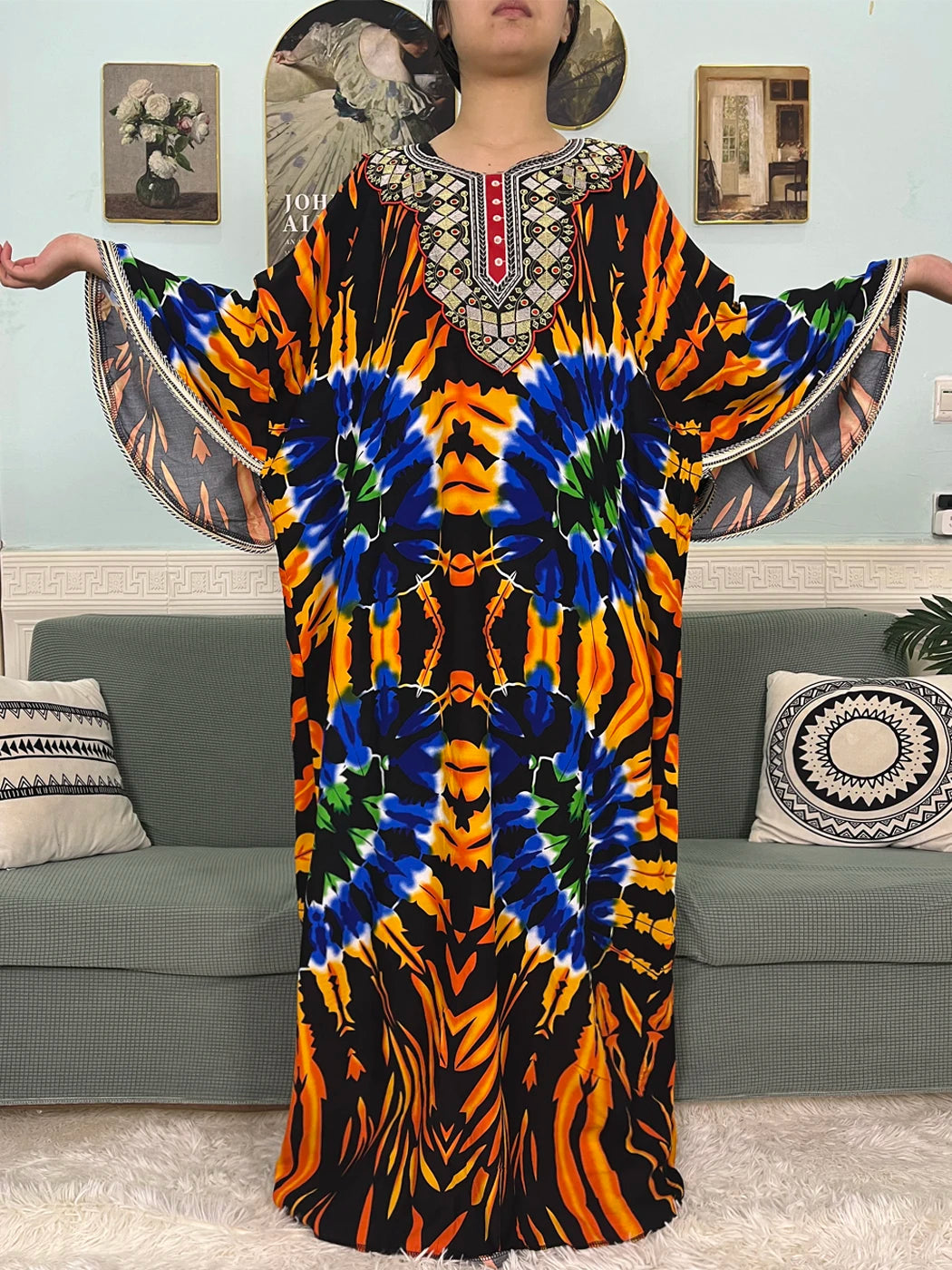 Mslim Abayas For Women Cotton Embroidery Printed Long Sleeves Loose Femme Robe African Boubou Dresses With 150x165cm Shawl Scarf