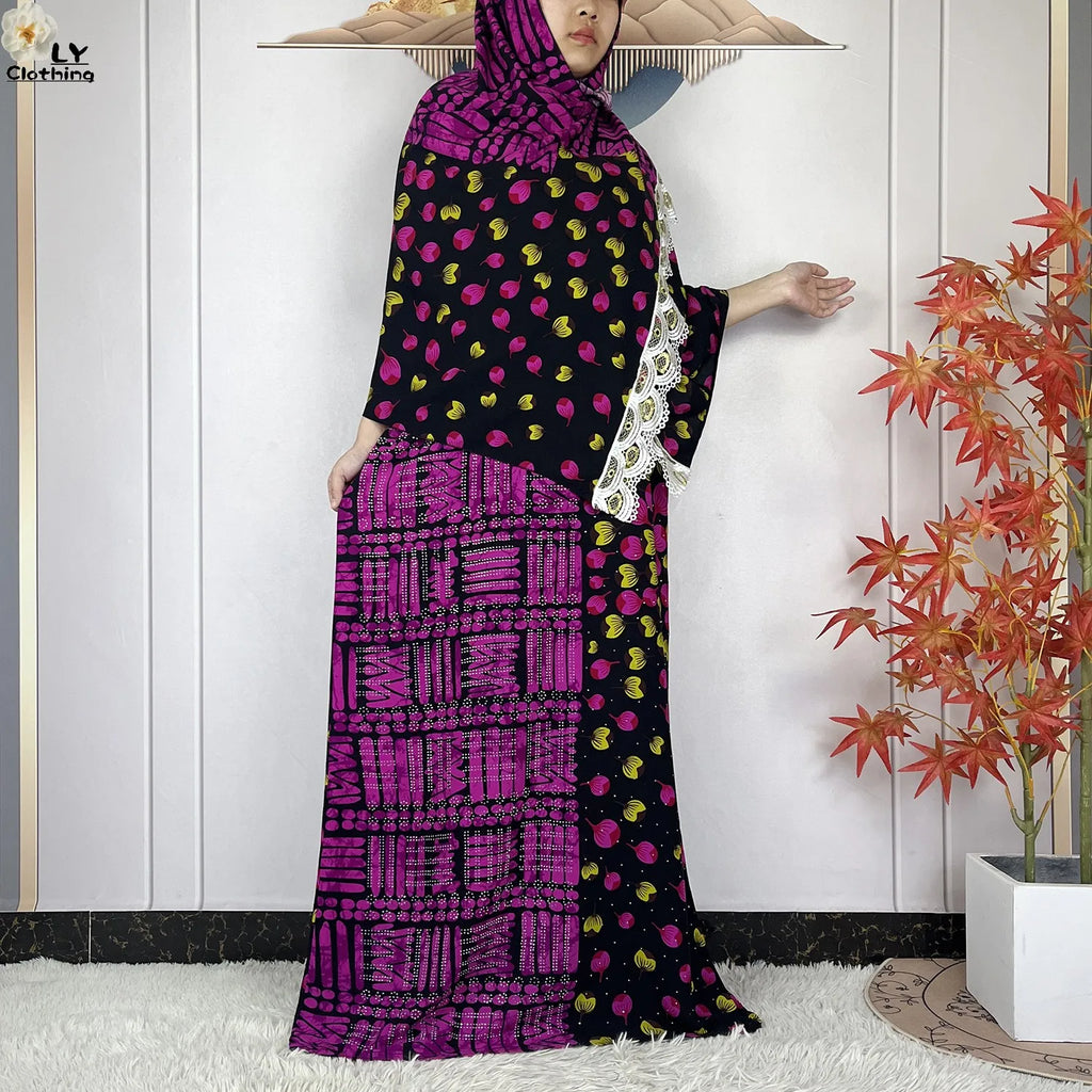 Summer Dubai Fashion Lady Clothing Soft Cotton Tie-dyed Loose Maxi Islam Women Short Sleeve African Abaya Dress With Big Scarf