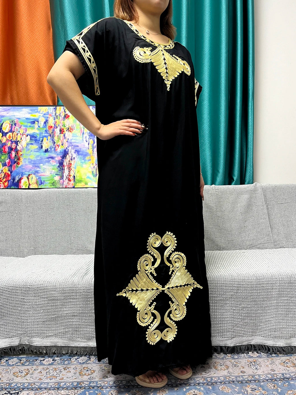 Abayas For Women Black Appliques Cotton Loose Fit Femme Robe Muslim Kaftan African Islam Nigeria Traditional Dresses With Turban