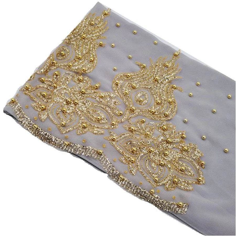 Muslim Chiffon Hijabs Scarf Turban Gold Glitters Beads Hijab for Woman Ramadan Foulard Musulmane Pour Femme Long Headscarf