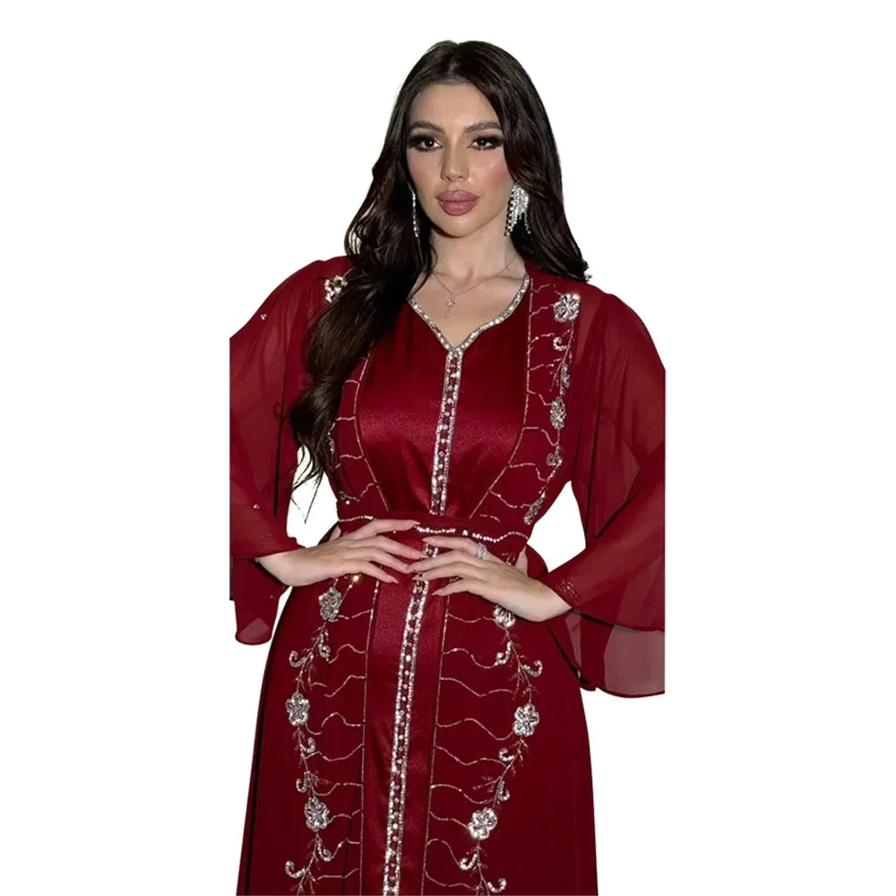 Autumn Fashion Muslim Dresses for Women Muslim Long Sleeve V-neck Party Evening Long Abay Dress Suit Inner and Abaya Outfits