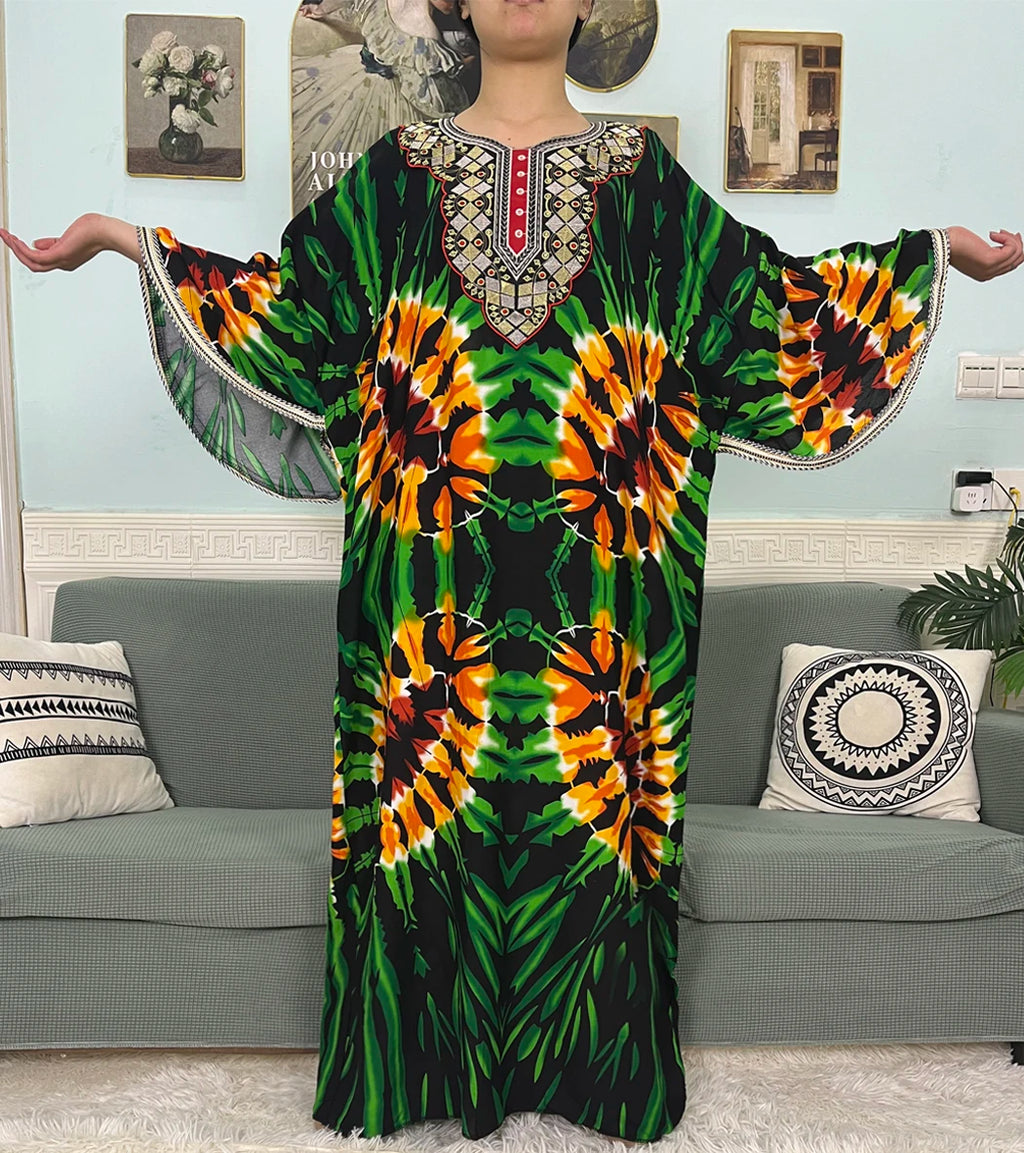 Mslim Abayas For Women Cotton Embroidery Printed Long Sleeves Loose Femme Robe African Boubou Dresses With 150x165cm Shawl Scarf