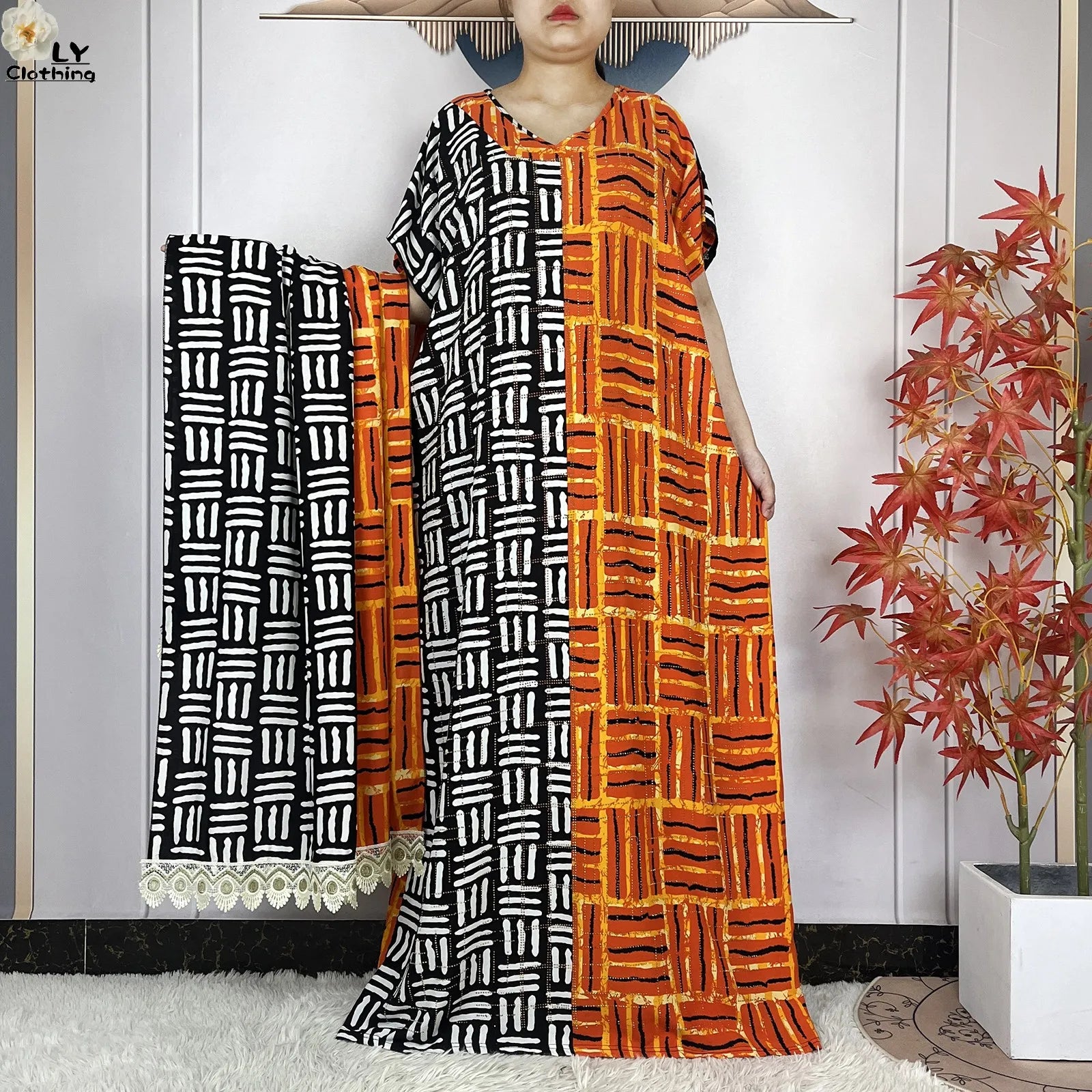 Summer Dubai Fashion Lady Clothing Soft Cotton Tie-dyed Loose Maxi Islam Women Short Sleeve African Abaya Dress With Big Scarf