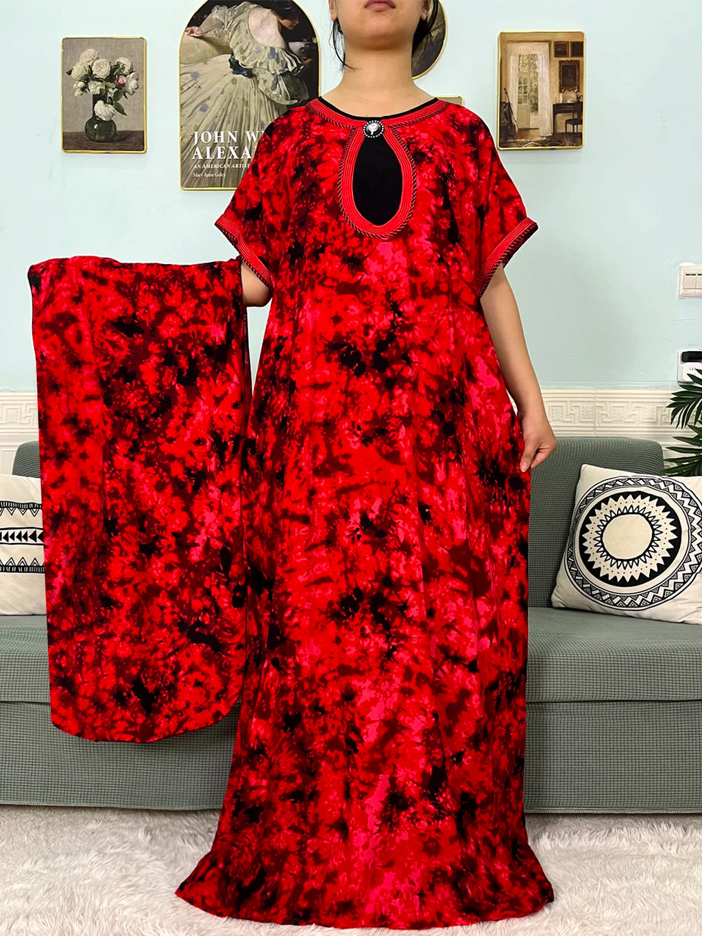 2024 Muslim Cotton Abayas For Women Appliques Printed Caftan Marocaine Femme Robe Boubou African Islam Dresses With Headscarf