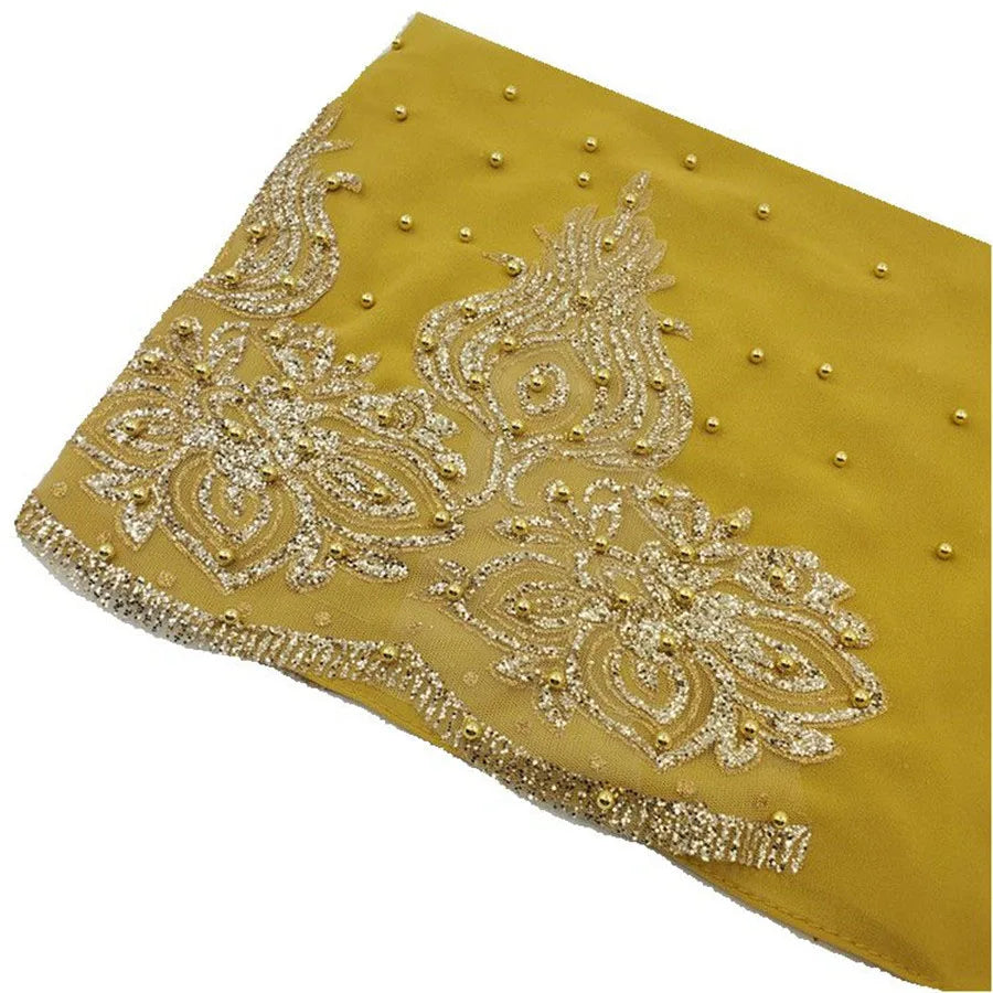 Muslim Chiffon Hijabs Scarf Turban Gold Glitters Beads Hijab for Woman Ramadan Foulard Musulmane Pour Femme Long Headscarf