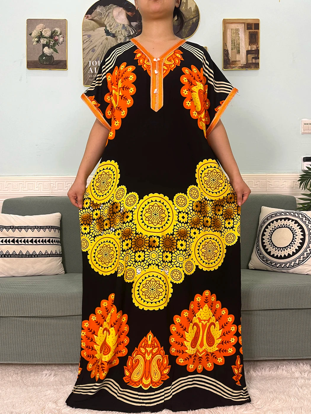 2024 Muslim Cotton Abayas For Women Appliques Printed Caftan Marocaine Femme Robe Boubou African Islam Dresses With Headscarf
