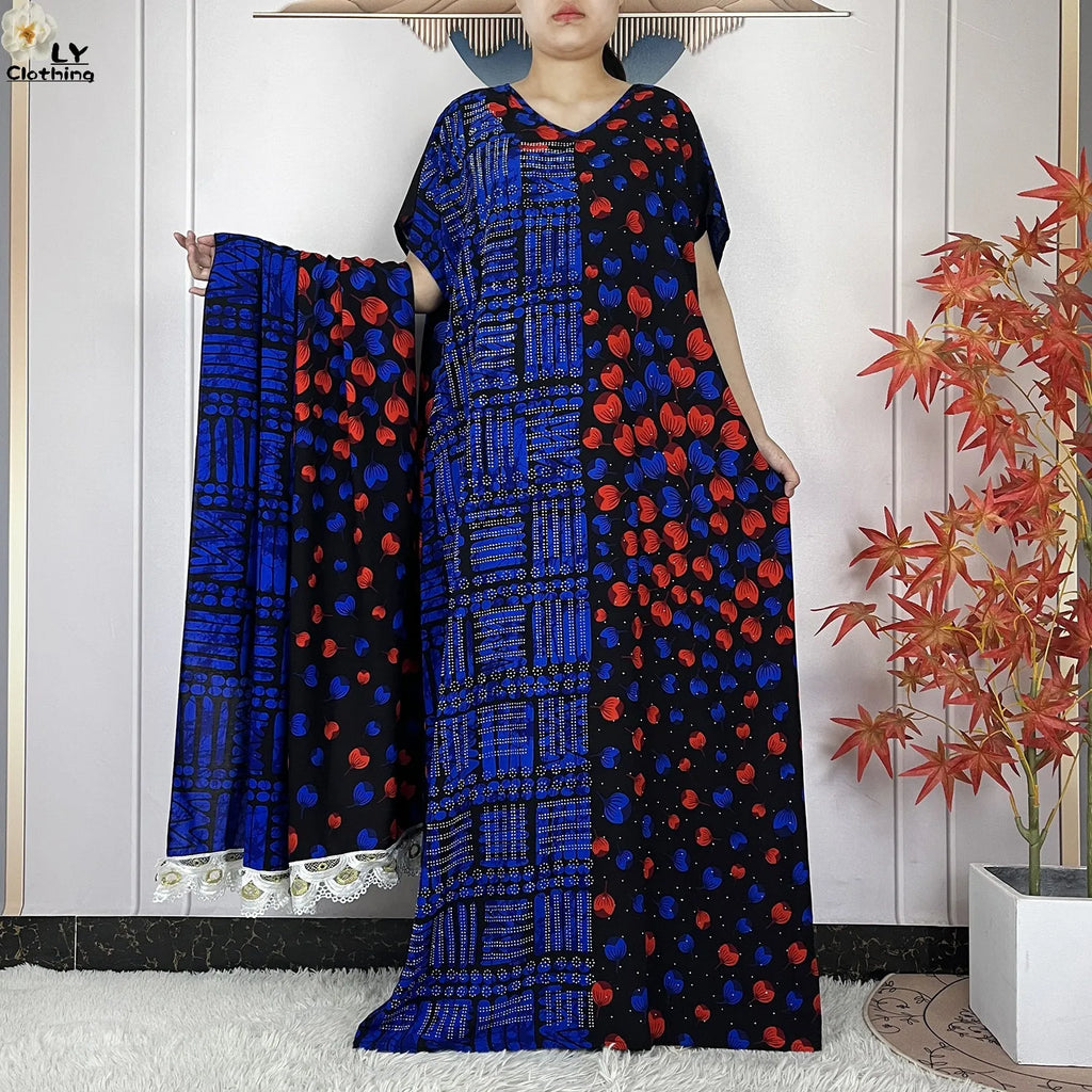 Summer Dubai Fashion Lady Clothing Soft Cotton Tie-dyed Loose Maxi Islam Women Short Sleeve African Abaya Dress With Big Scarf