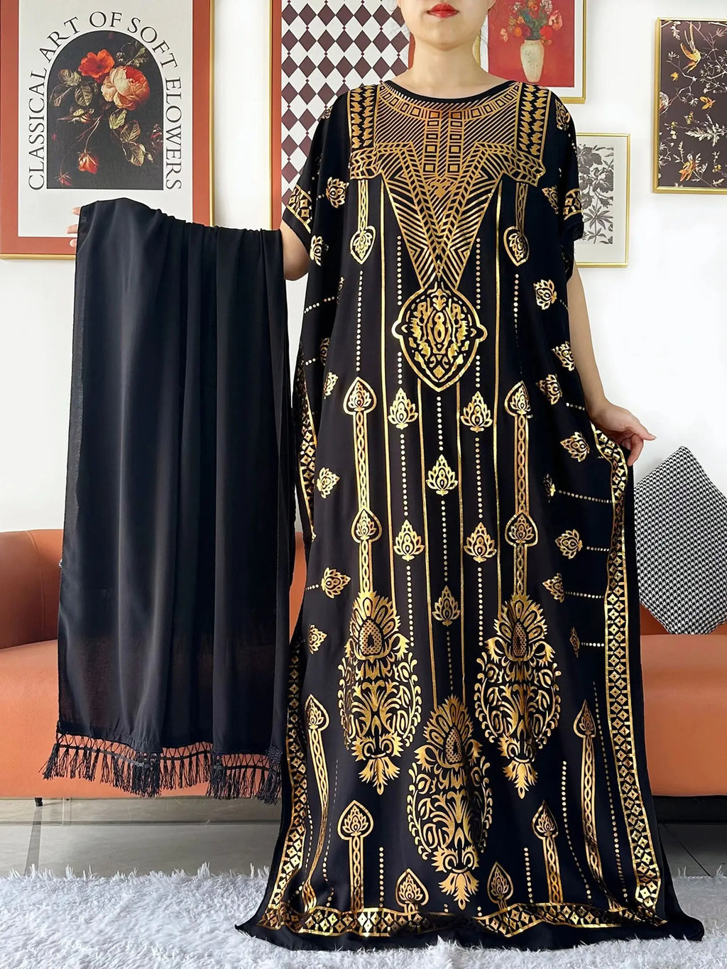 2024 Party Abaya Dress With Big Scarf Dubai Turkey Kaftan Muslim Loose  Abaya Women African Casual Maxi  Gold Stamping  Robe