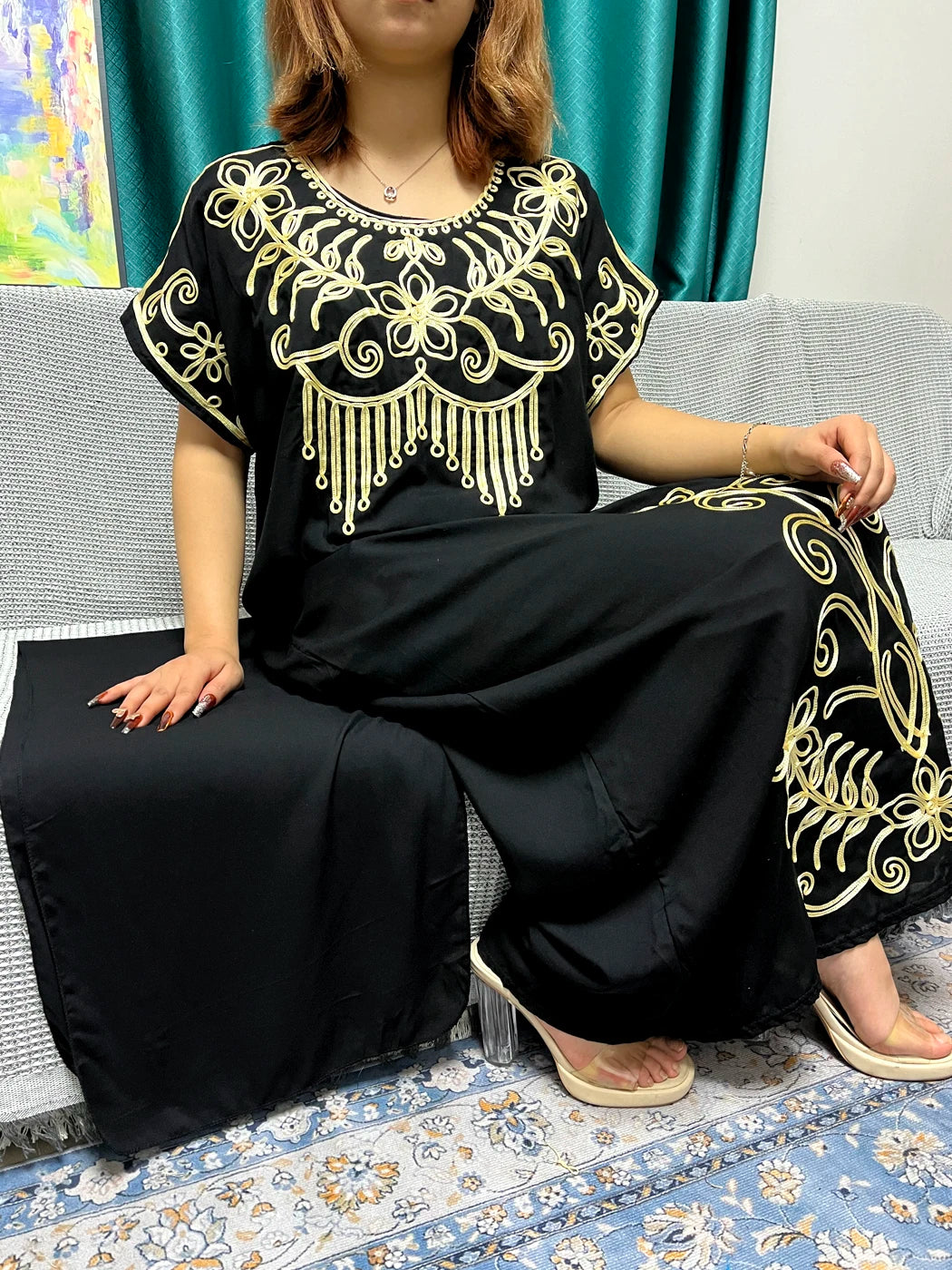 Abayas For Women Black Appliques Cotton Loose Fit Femme Robe Muslim Kaftan African Islam Nigeria Traditional Dresses With Turban