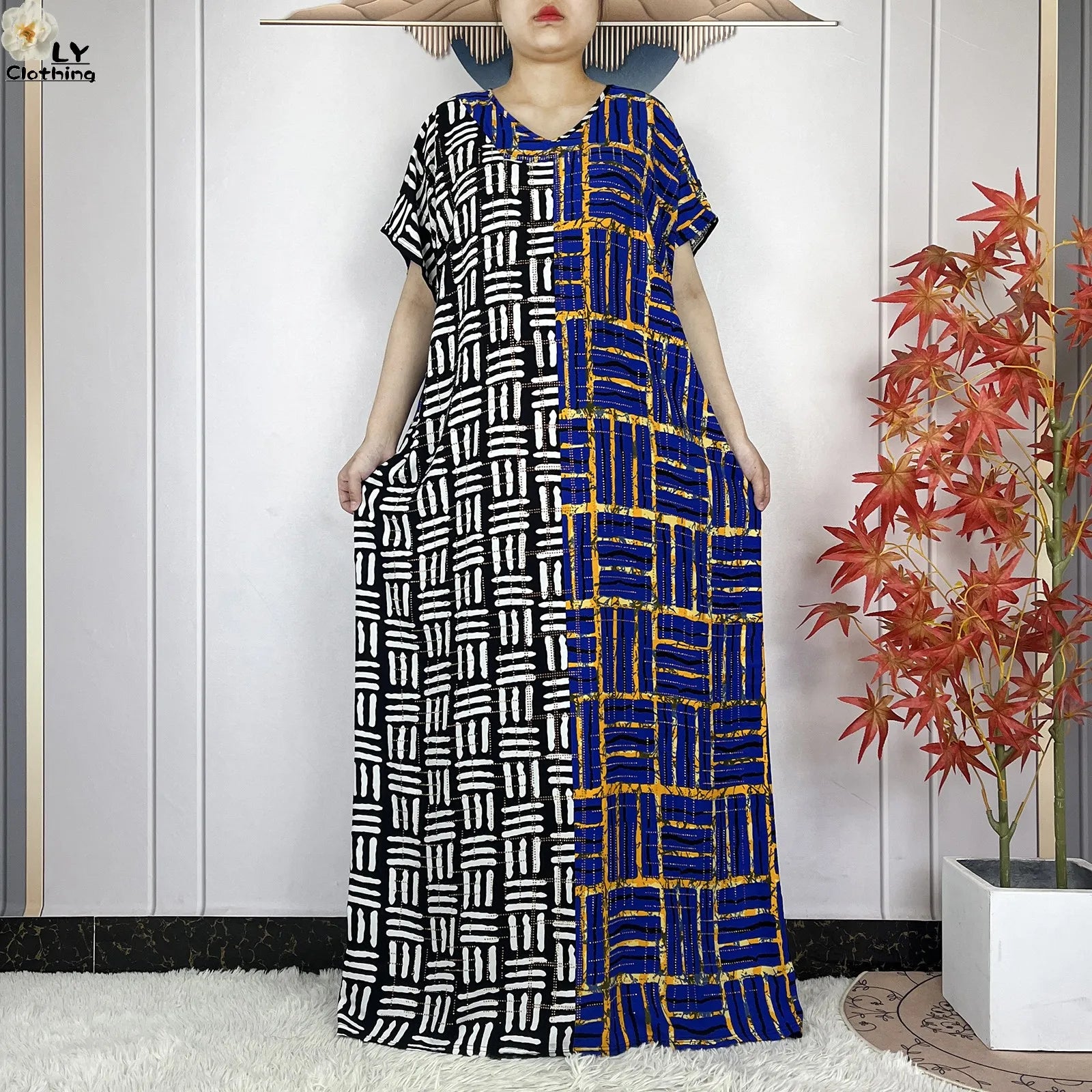 Summer Dubai Fashion Lady Clothing Soft Cotton Tie-dyed Loose Maxi Islam Women Short Sleeve African Abaya Dress With Big Scarf