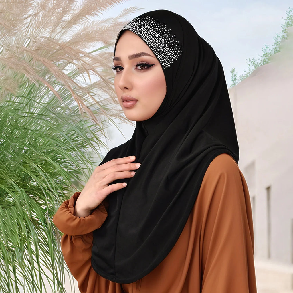 Diamond Malay Undercap Muslim Women Solid Color Inner Scarf Islamic Instant Hijab Ladies Cap Crystal Hemp Bonnet Hat 80*55cm