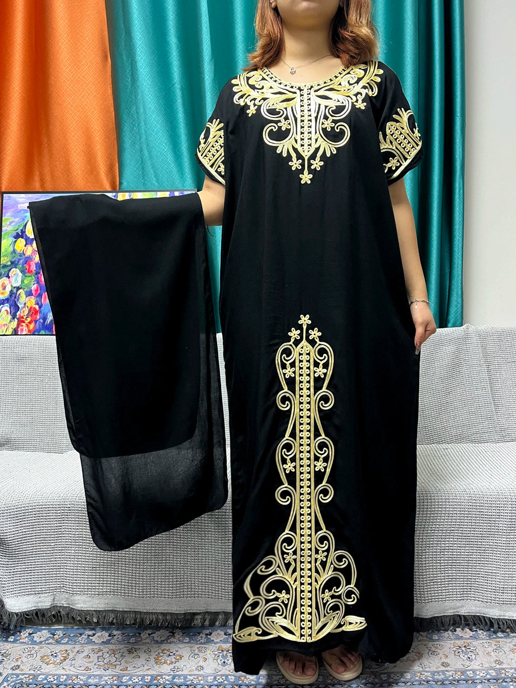 Abayas For Women Black Appliques Cotton Loose Fit Femme Robe Muslim Kaftan African Islam Nigeria Traditional Dresses With Turban