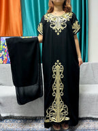 Abayas For Women Black Appliques Cotton Loose Fit Femme Robe Muslim Kaftan African Islam Nigeria Traditional Dresses With Turban