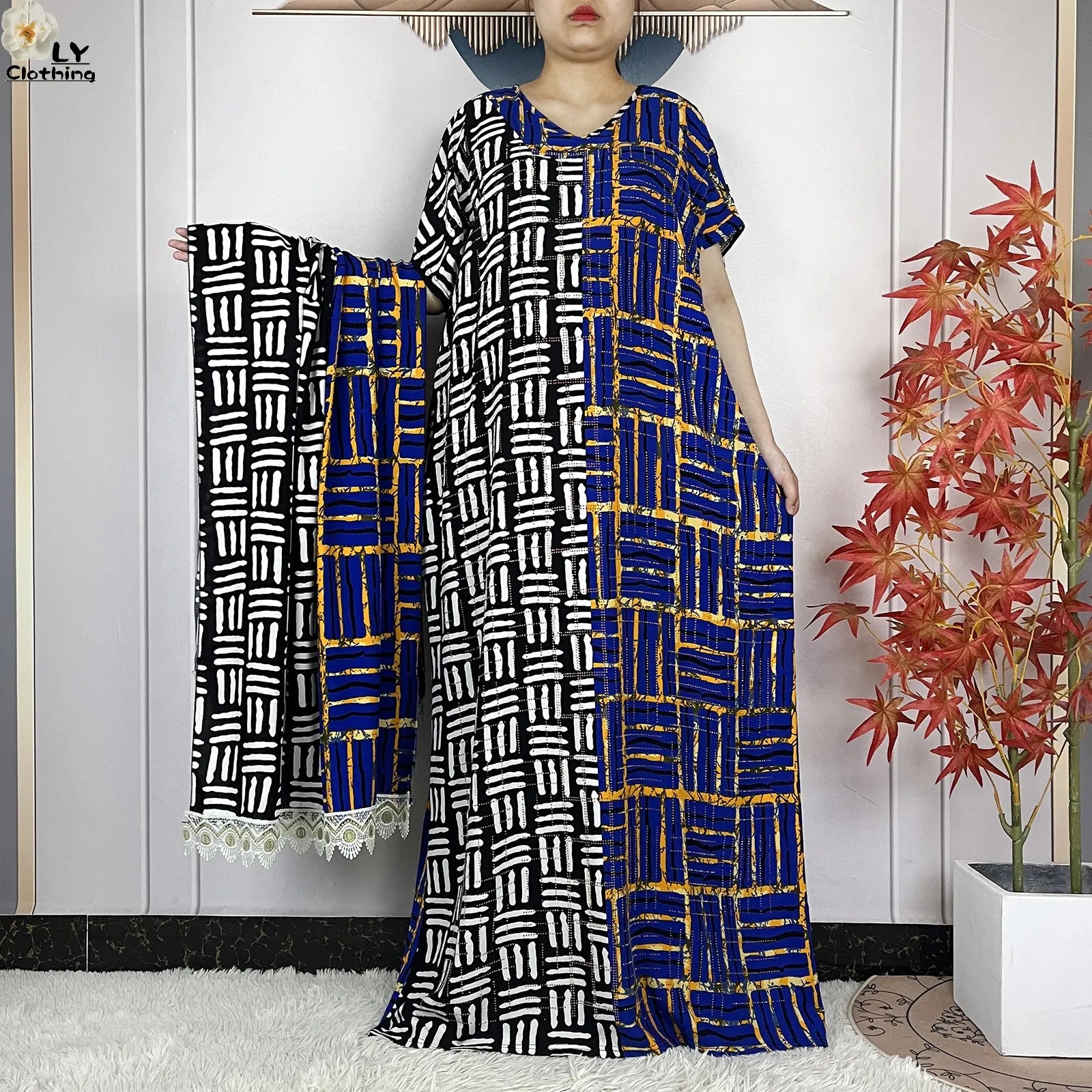 Summer Dubai Fashion Lady Clothing Soft Cotton Tie-dyed Loose Maxi Islam Women Short Sleeve African Abaya Dress With Big Scarf