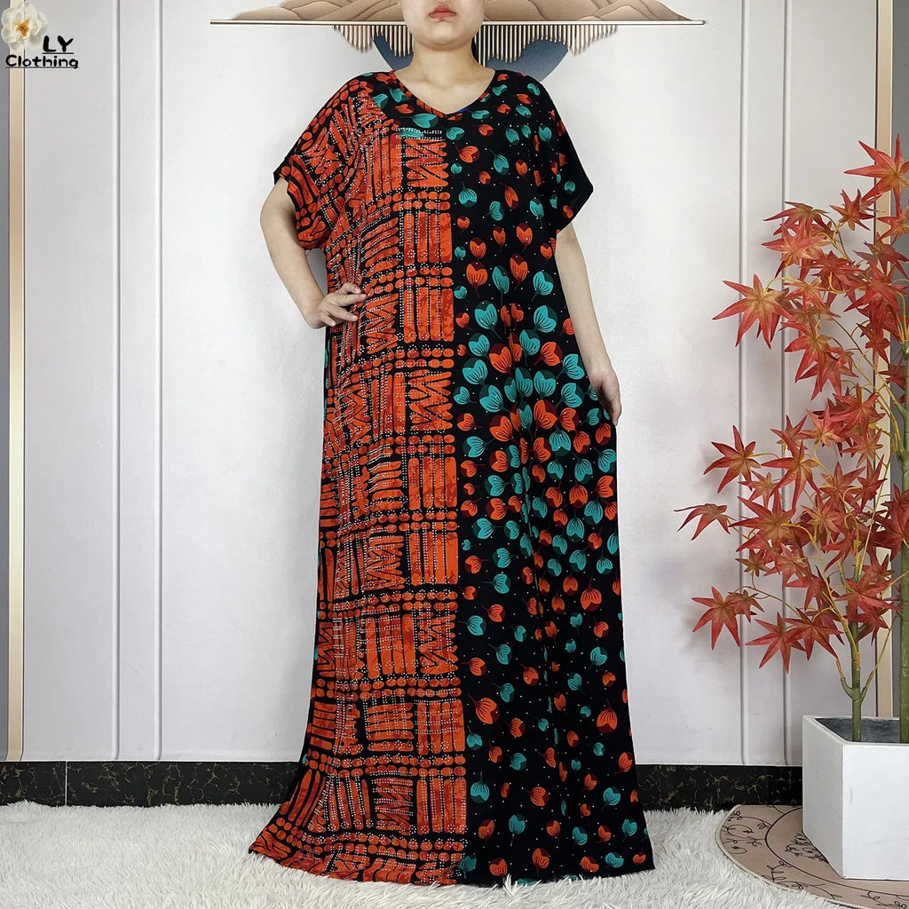Summer Dubai Fashion Lady Clothing Soft Cotton Tie-dyed Loose Maxi Islam Women Short Sleeve African Abaya Dress With Big Scarf