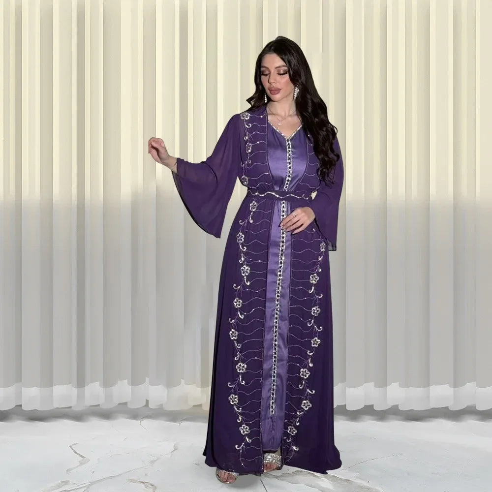 Autumn Fashion Muslim Dresses for Women Muslim Long Sleeve V-neck Party Evening Long Abay Dress Suit Inner and Abaya Outfits