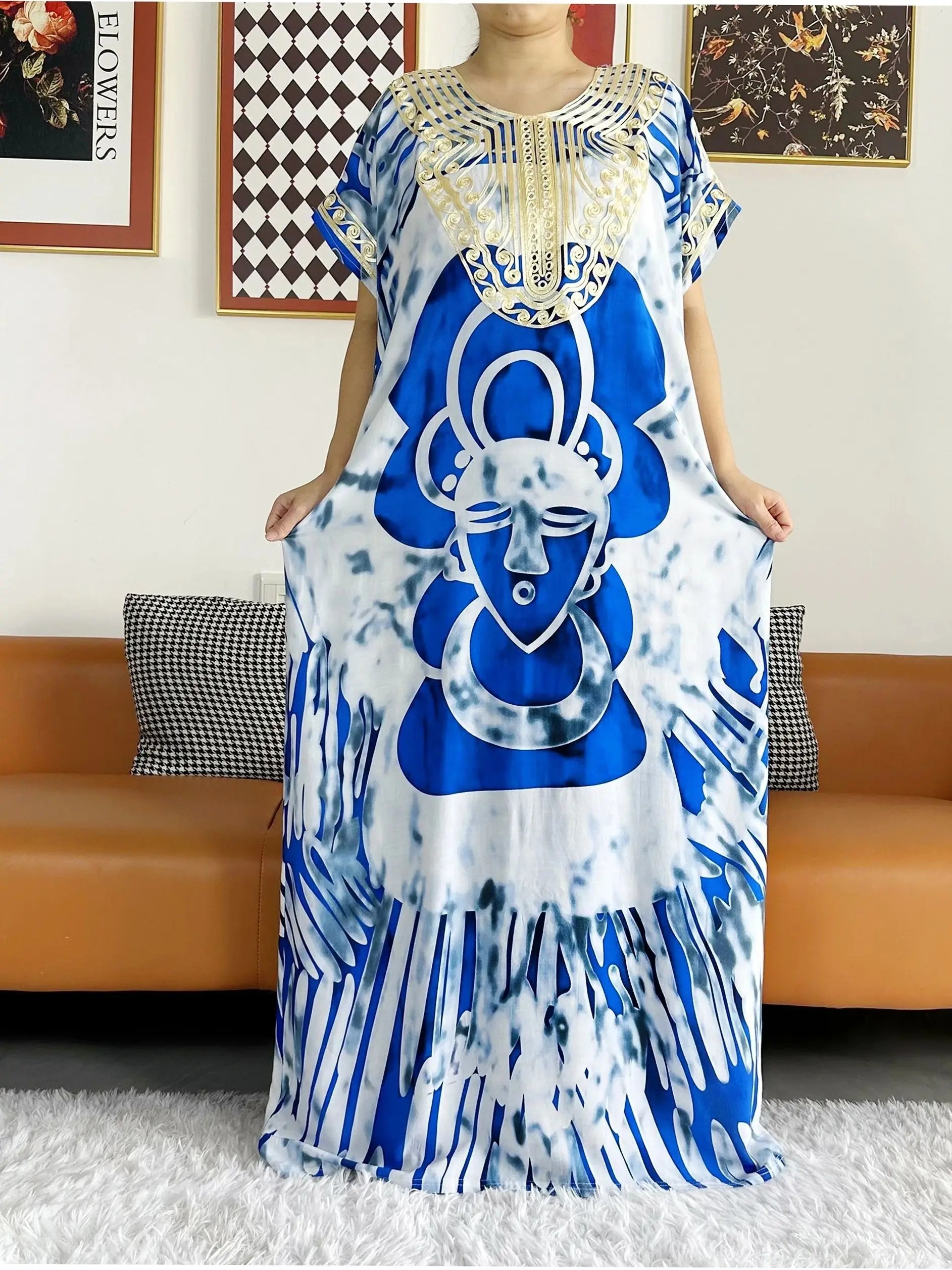 New Style African Summer Short Sleeve Dashiki Dresses Flora Loose Boubou Maxi Islam Women Casual Dress African Abaya Clothes