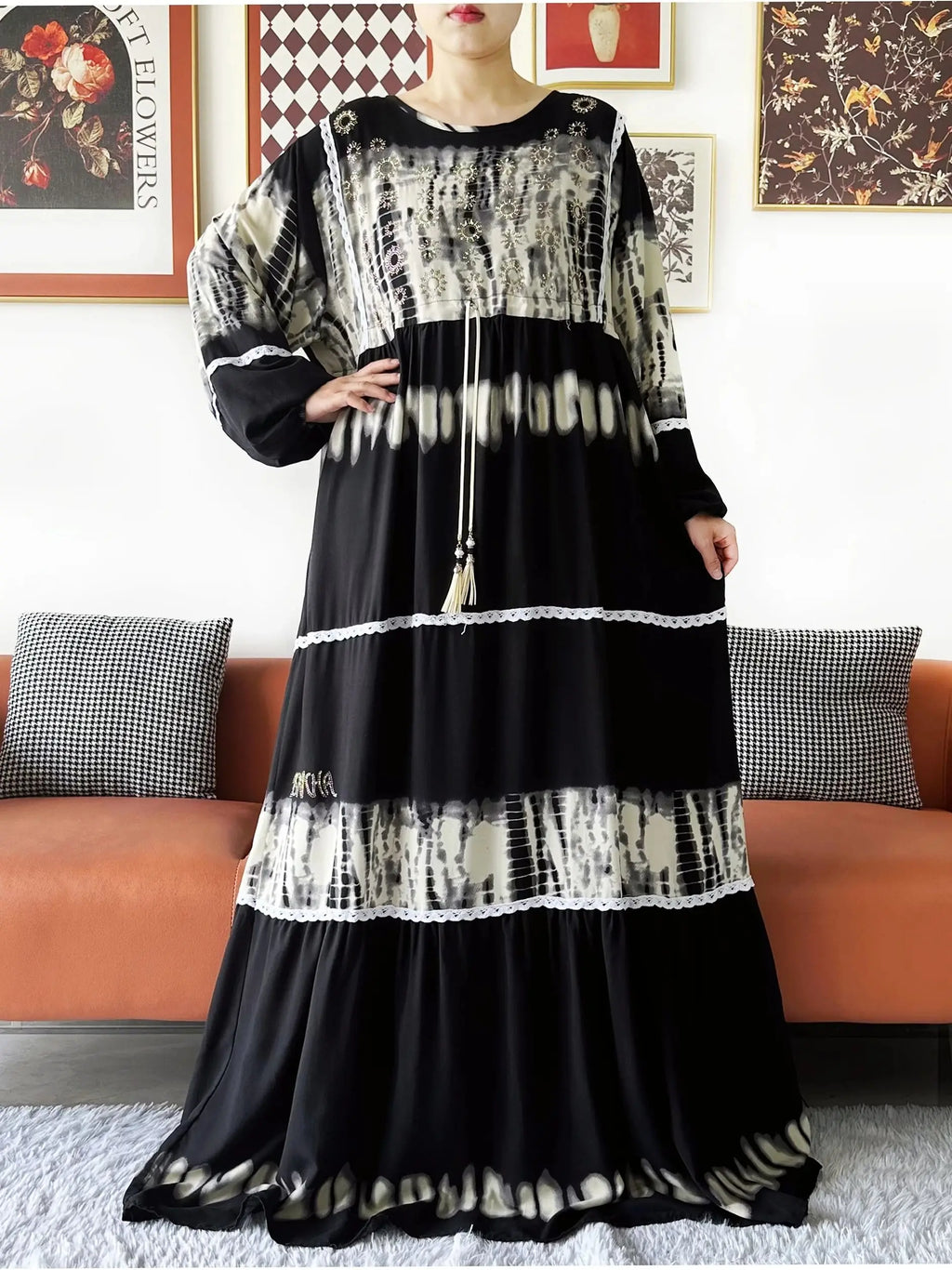 High Grade Design Dubai Women Abaya Long Sleeve Autumn  Dress Cotton With Big Scarf Boubou Maxi Islam Women Dress African Abaya