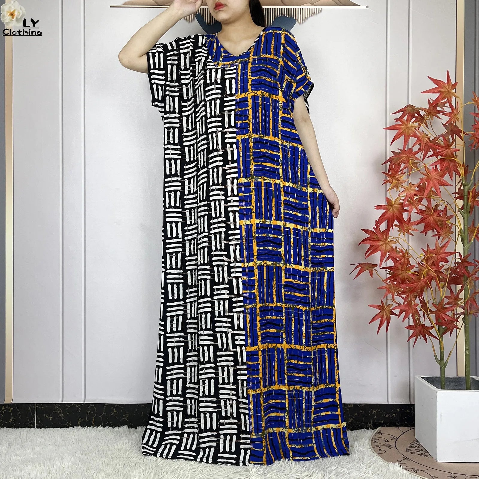 Summer Dubai Fashion Lady Clothing Soft Cotton Tie-dyed Loose Maxi Islam Women Short Sleeve African Abaya Dress With Big Scarf