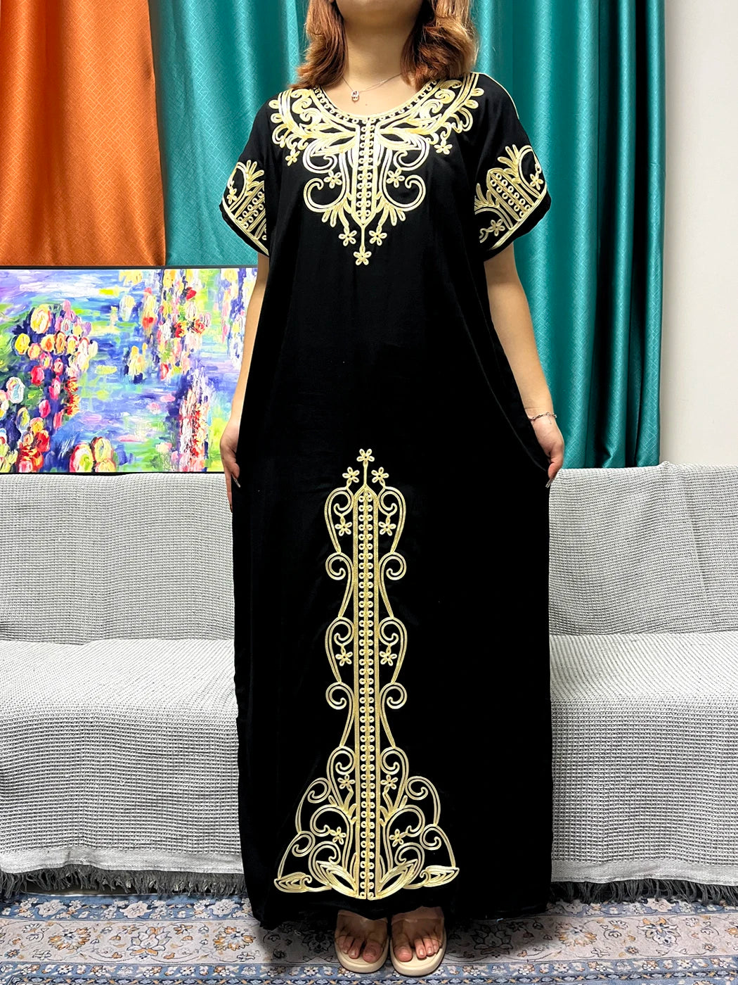 Abayas For Women Black Appliques Cotton Loose Fit Femme Robe Muslim Kaftan African Islam Nigeria Traditional Dresses With Turban