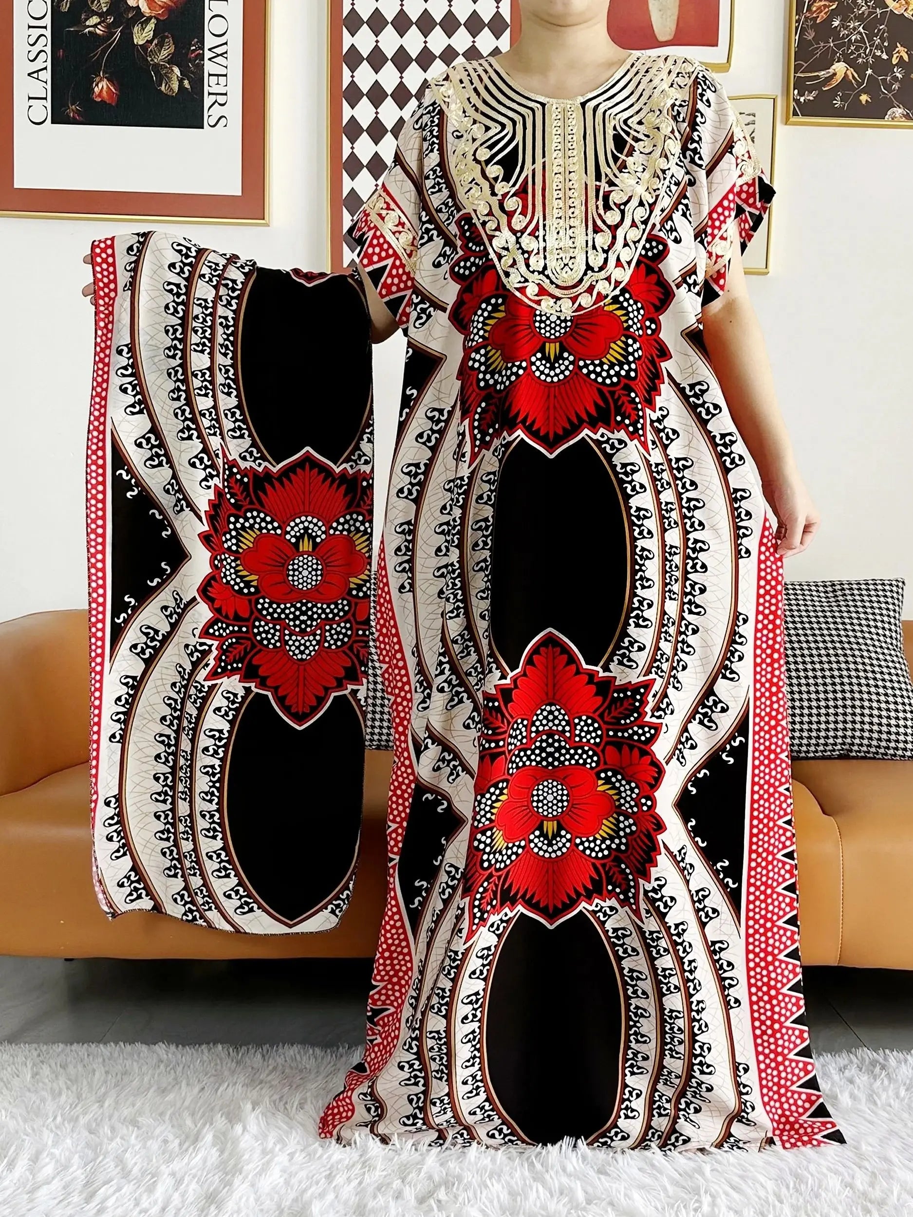 High Grade Design Dubai Women Abaya Long Sleeve Autumn  Dress Cotton With Big Scarf Boubou Maxi Islam Women Dress African Abaya