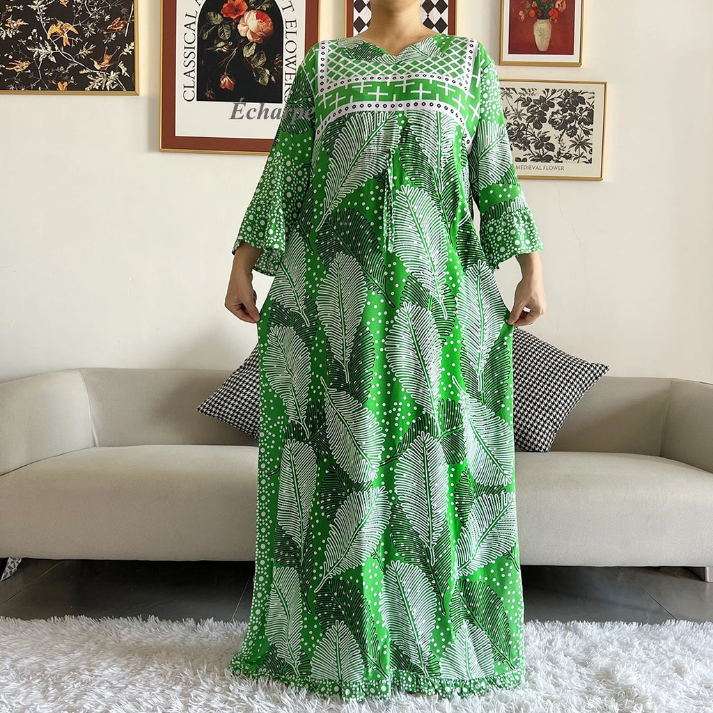 New Style African Dashiki Print Long Sleeve Loose Cotton Elegant Women  Abaya Long Dress Summer Maxi Casual Dresses Vestidos