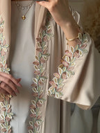 Dubai Elegant Beige Abaya for Muslim Women - Intricately Crafted with Multicolored Embroidery Piece in Islamic Modest Fashion